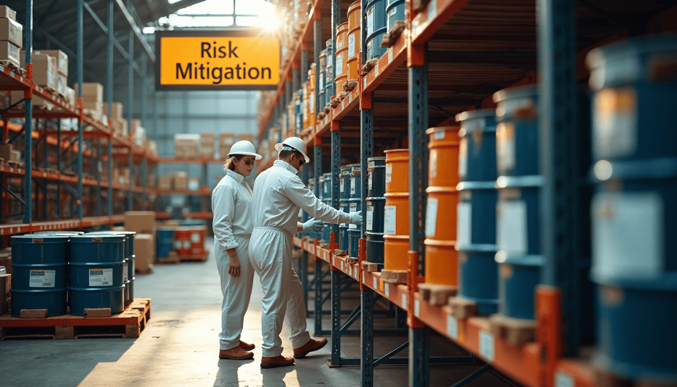 Workers safely handling hazardous waste with 'Risk Mitigation' sign