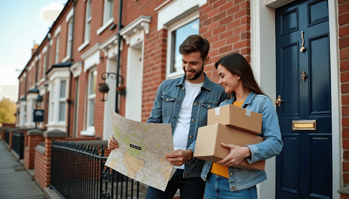 Darlington-bound couple moving boxes outside classic terraced UK home