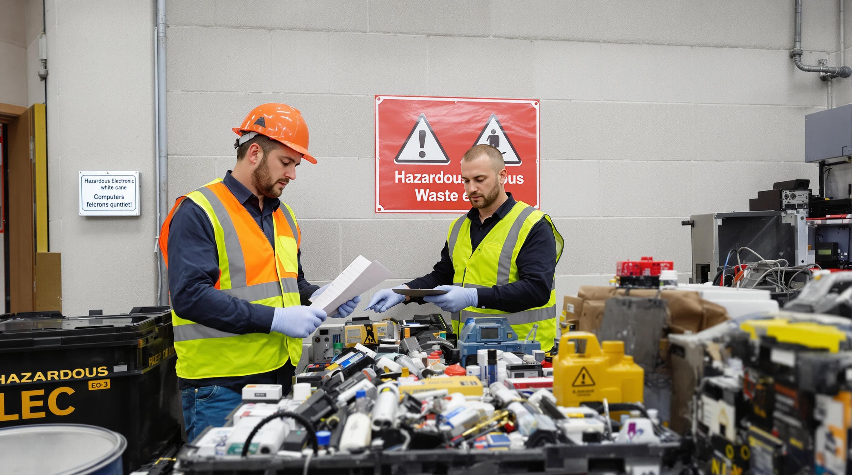 Staff safely handling hazardous and electronic waste in business facility