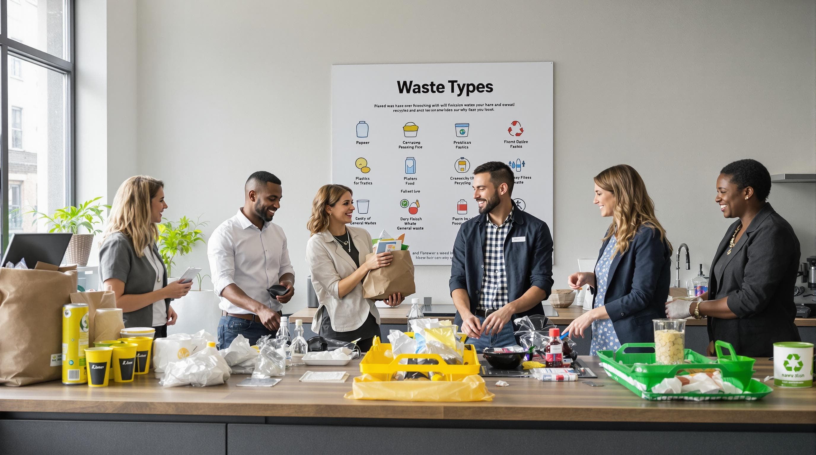 Office workers sorting different waste types into labeled bins