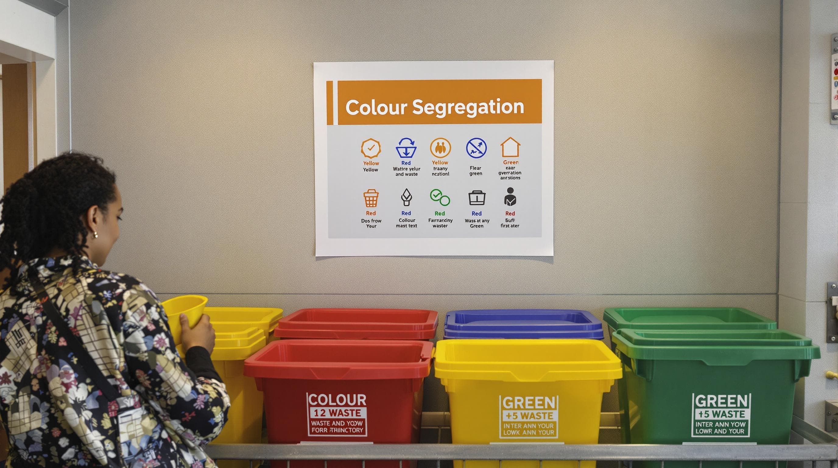 Employees sort waste into colour-coded bins with segregation poster