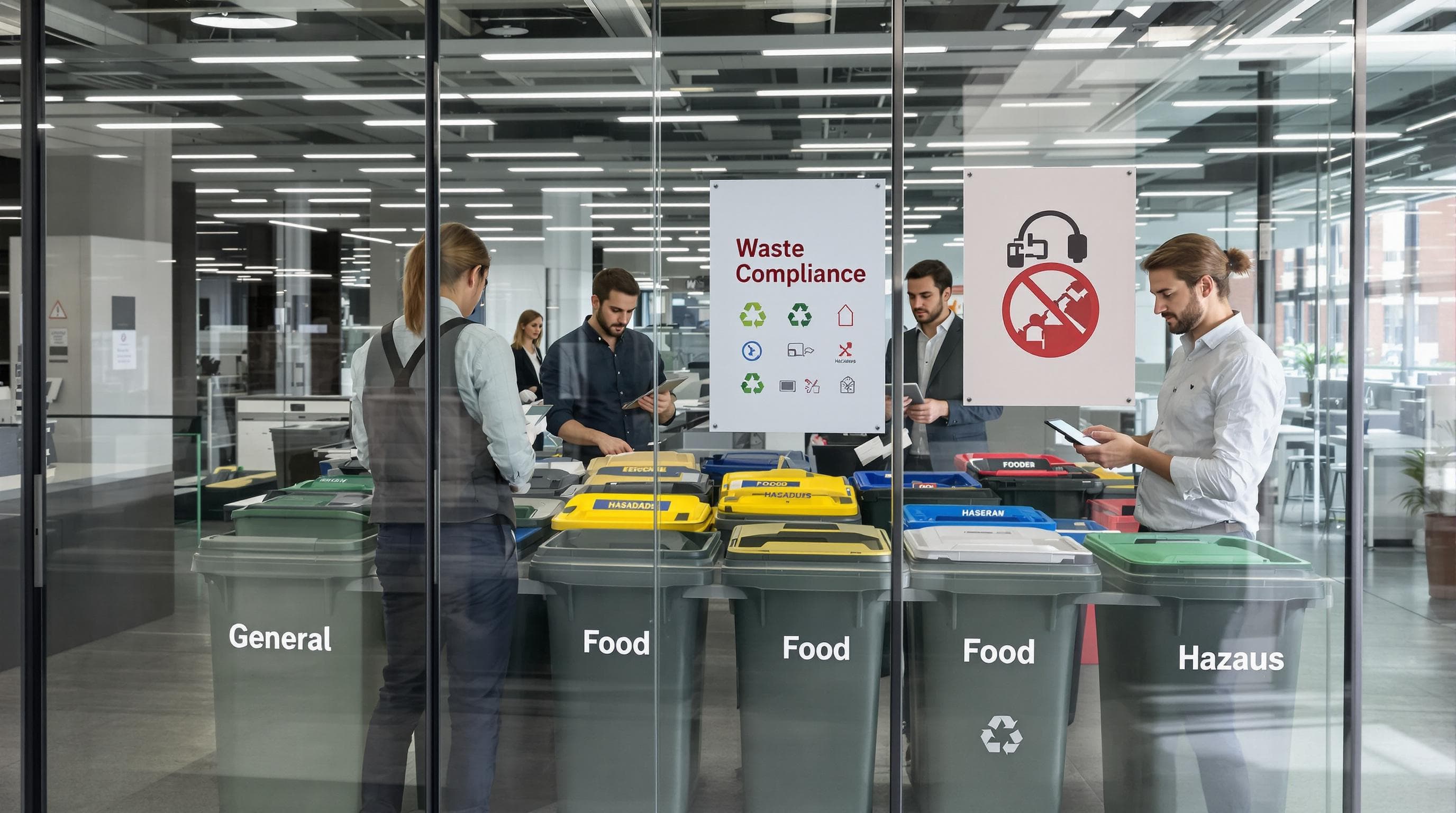 Modern UK office team sorting business waste with compliance signage