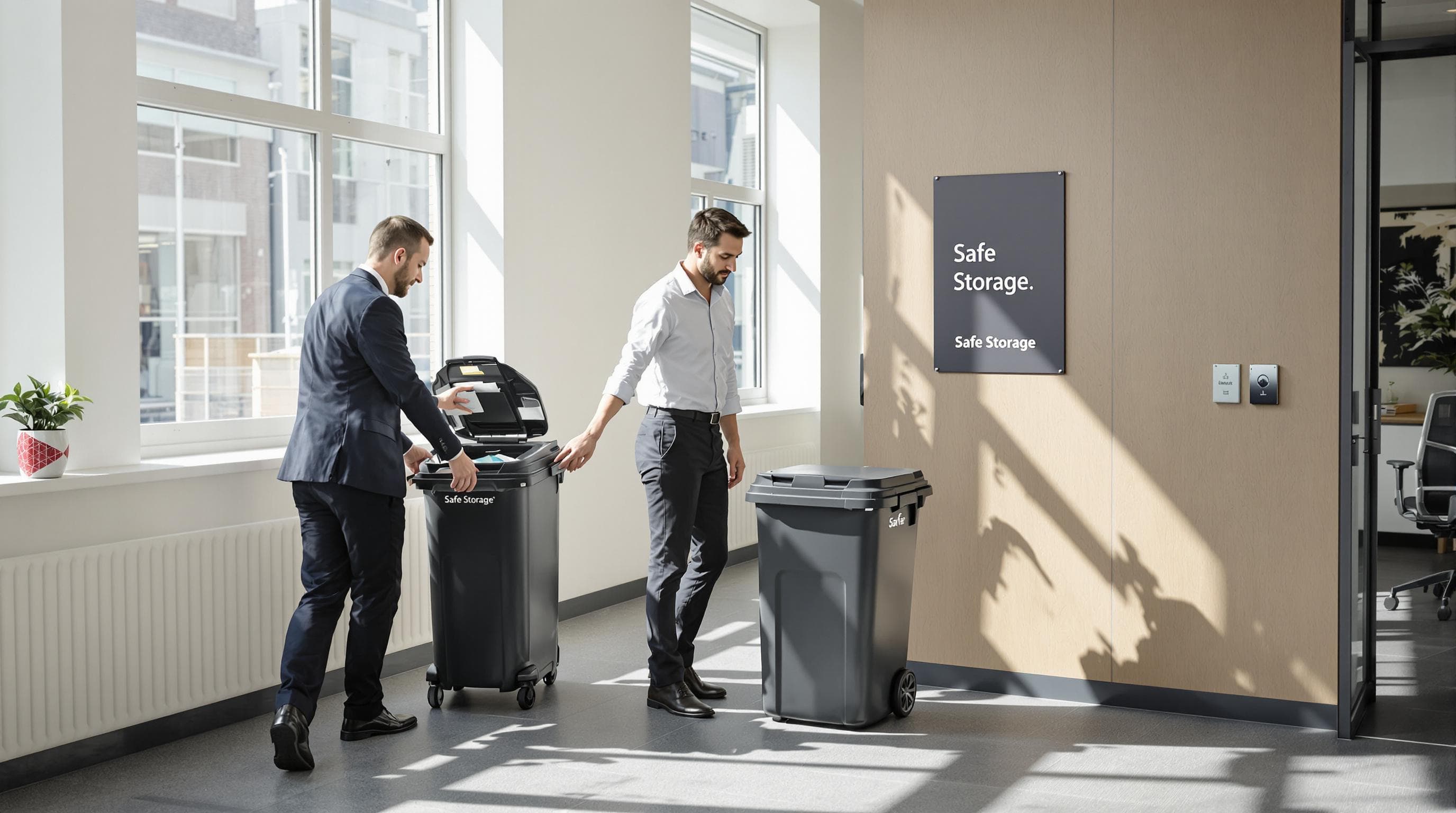 Employees using secure confidential waste bin in modern office