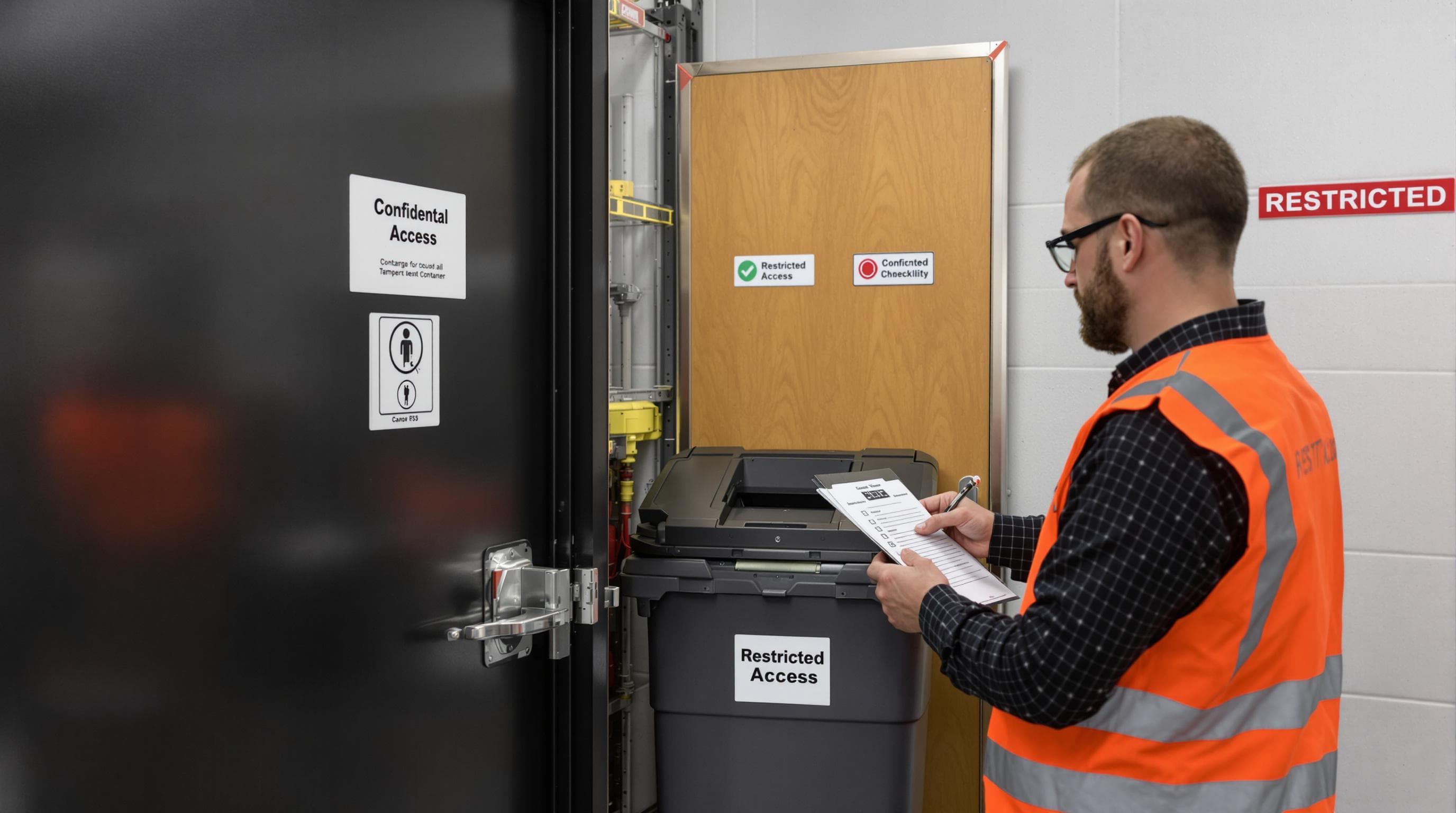 Staff locking confidential waste container in secure storage area