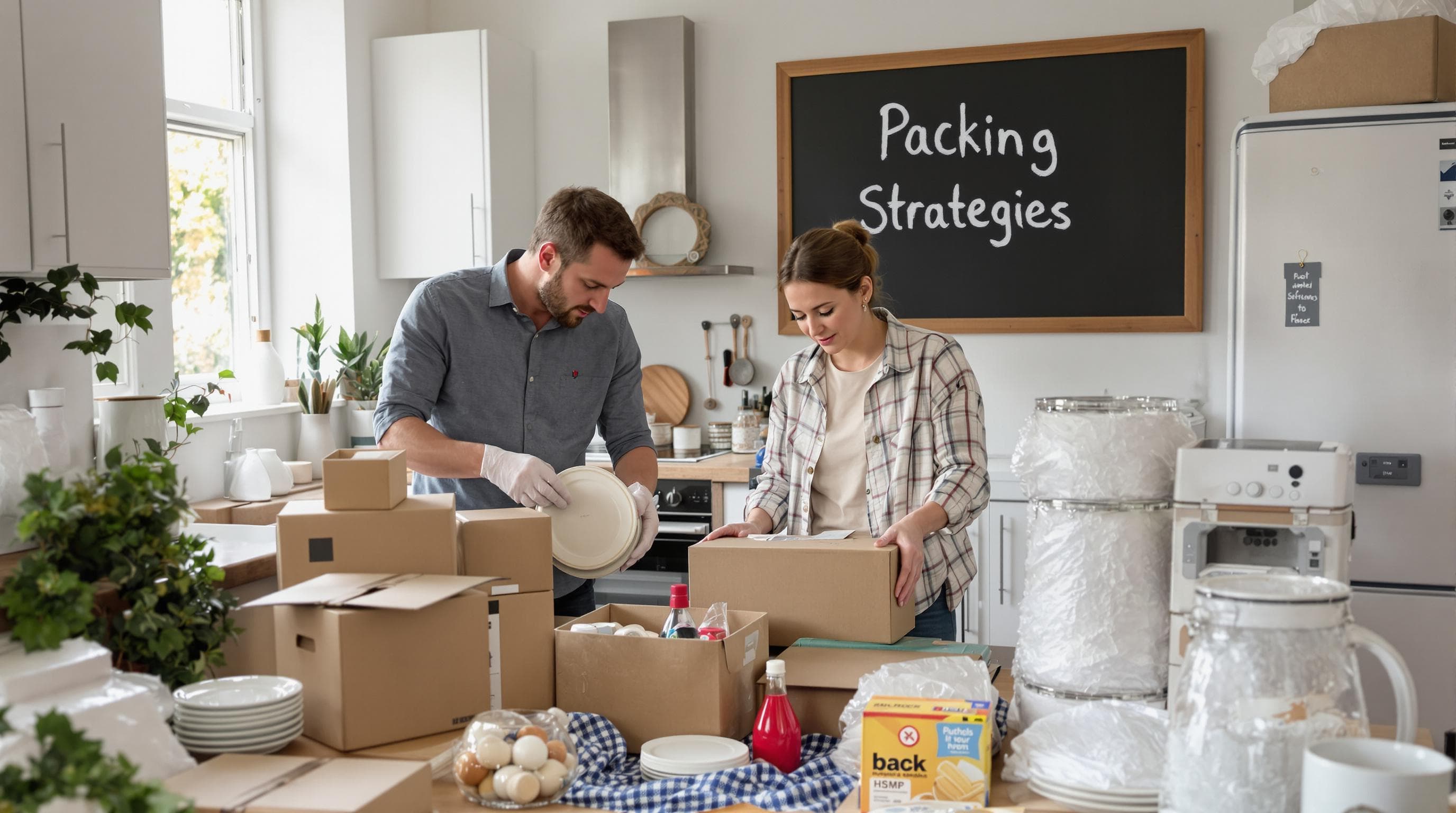 Two people efficiently packing a kitchen using careful strategies and labelling