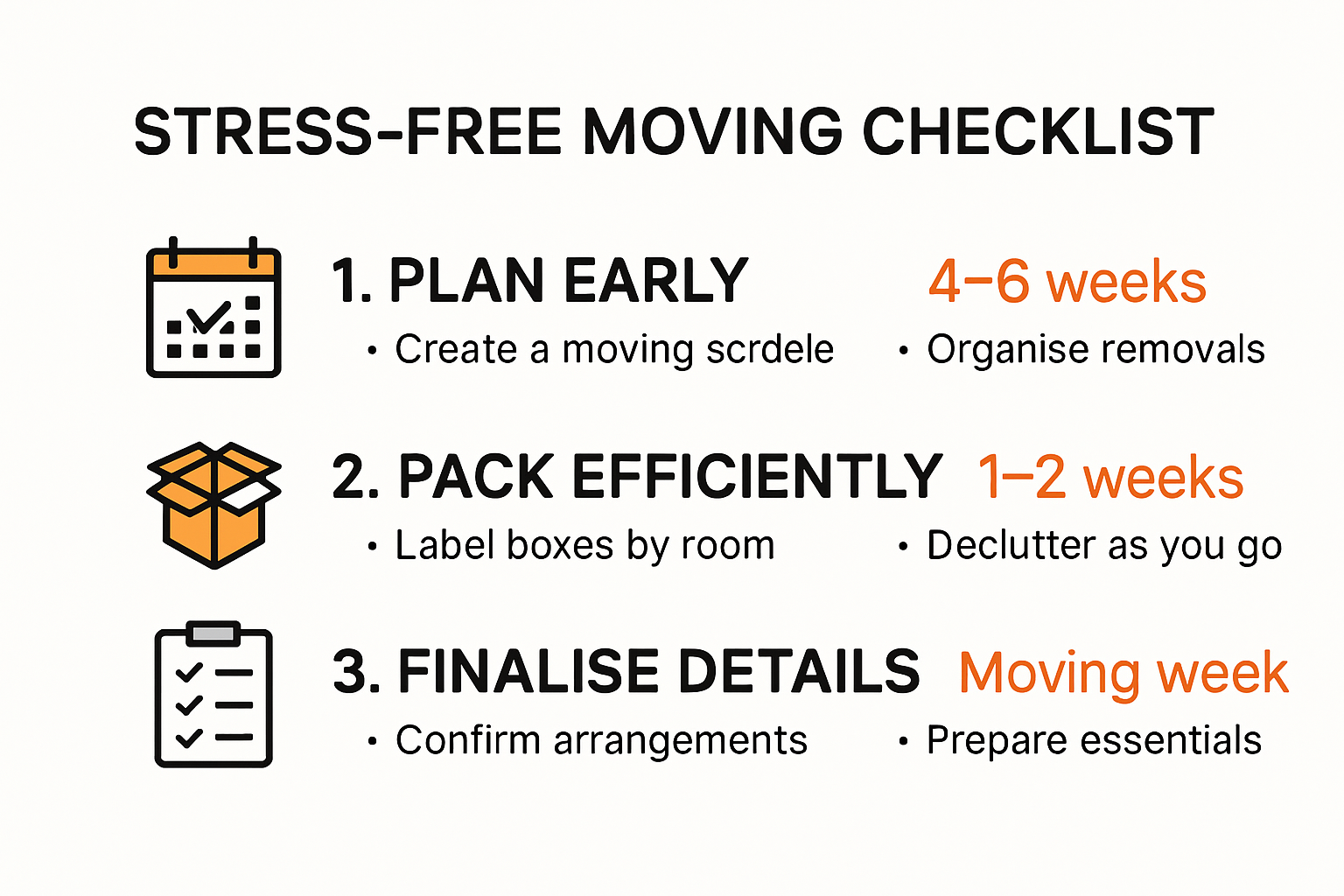 Stress-free moving checklist infographic with steps and timeline