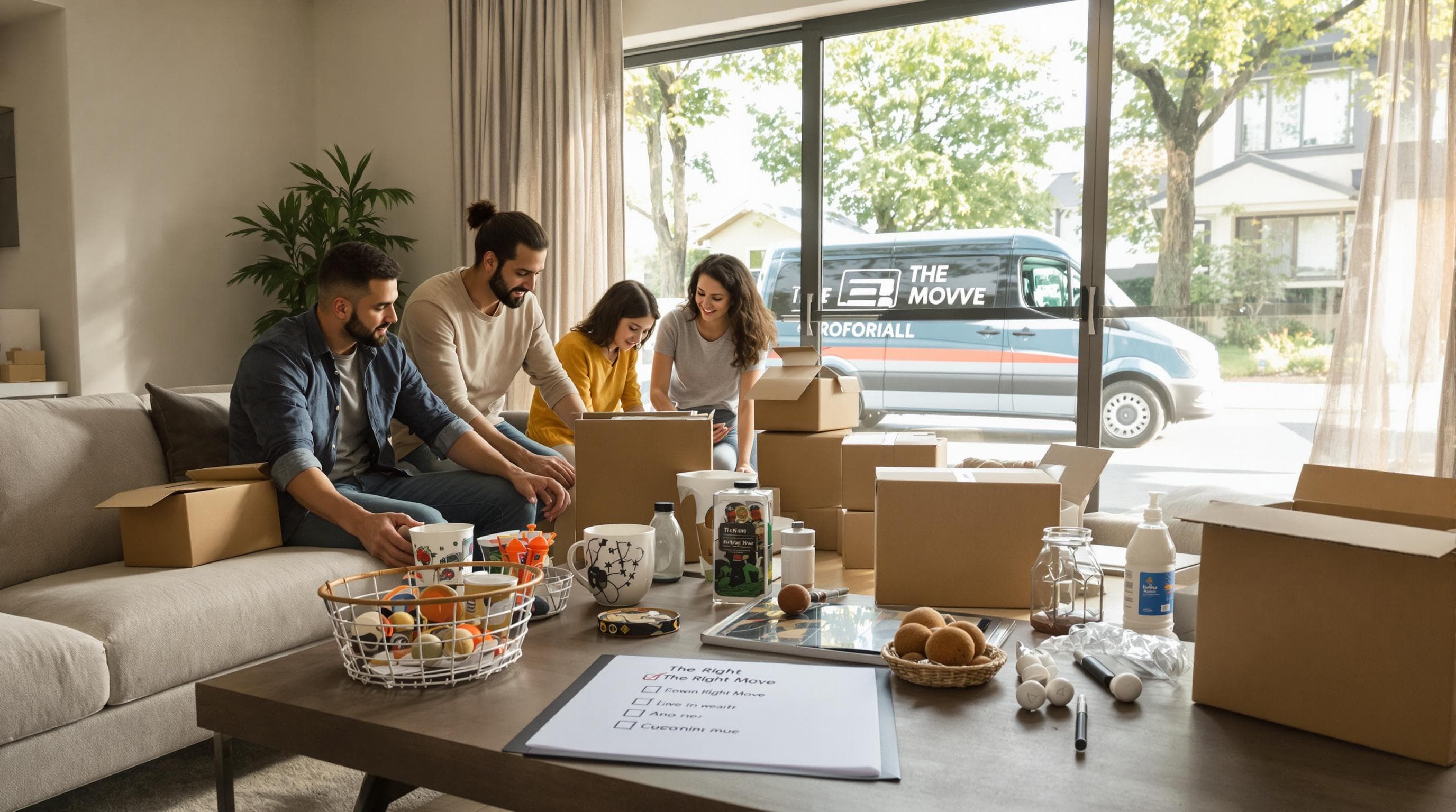 Family preparing for a move with checklist and moving van