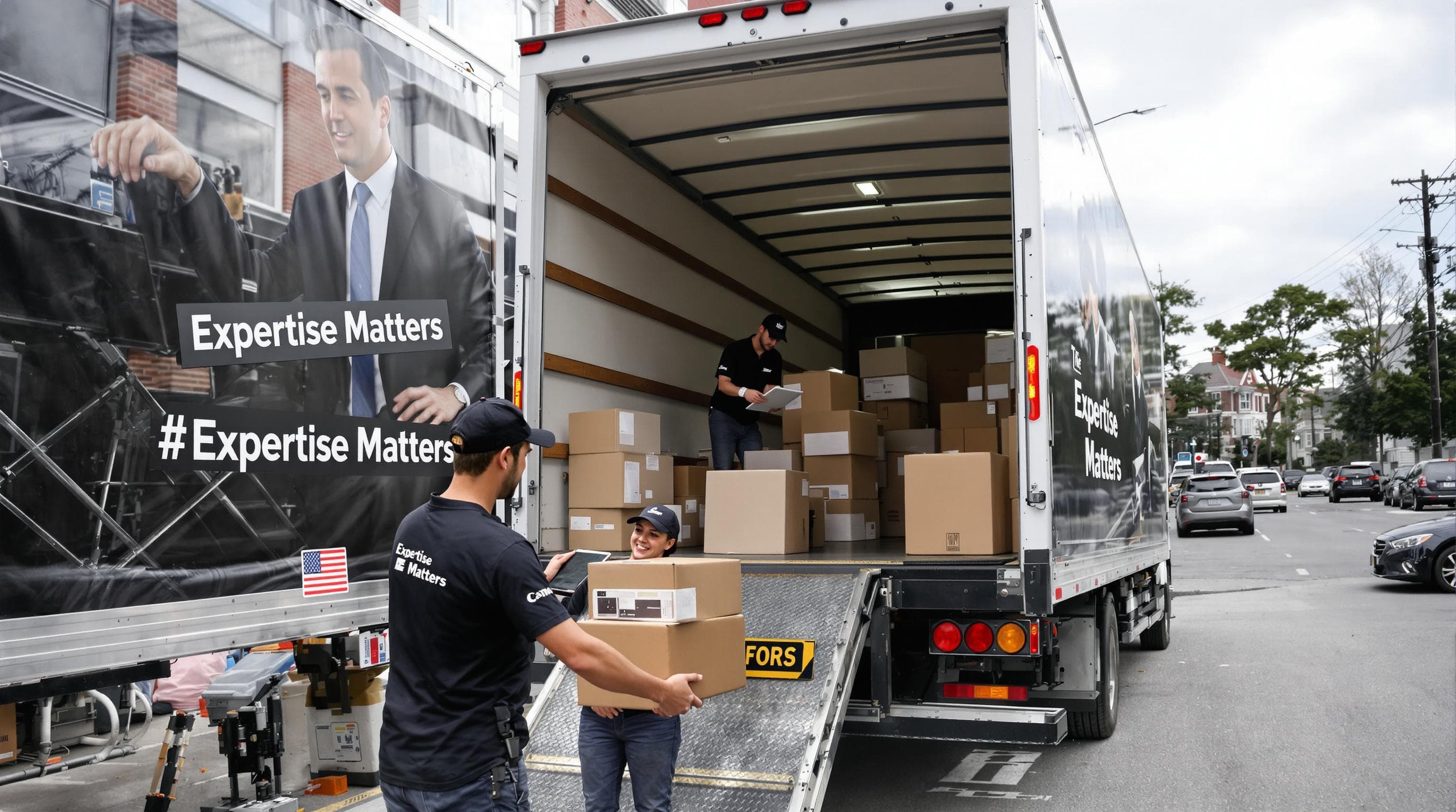 Moving team loading truck and reviewing logistics on tablet