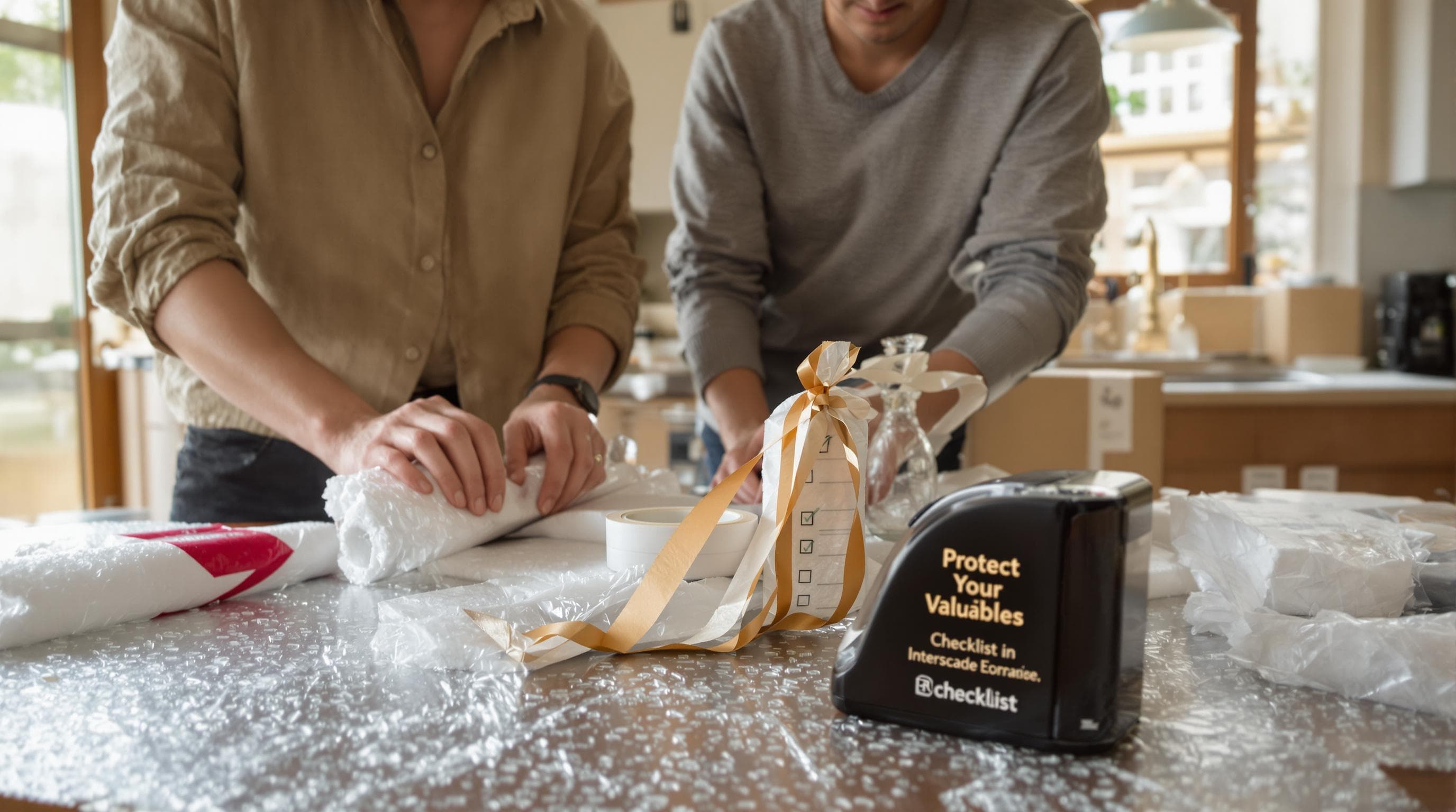 Two people packing fragile valuables with packing materials and a checklist