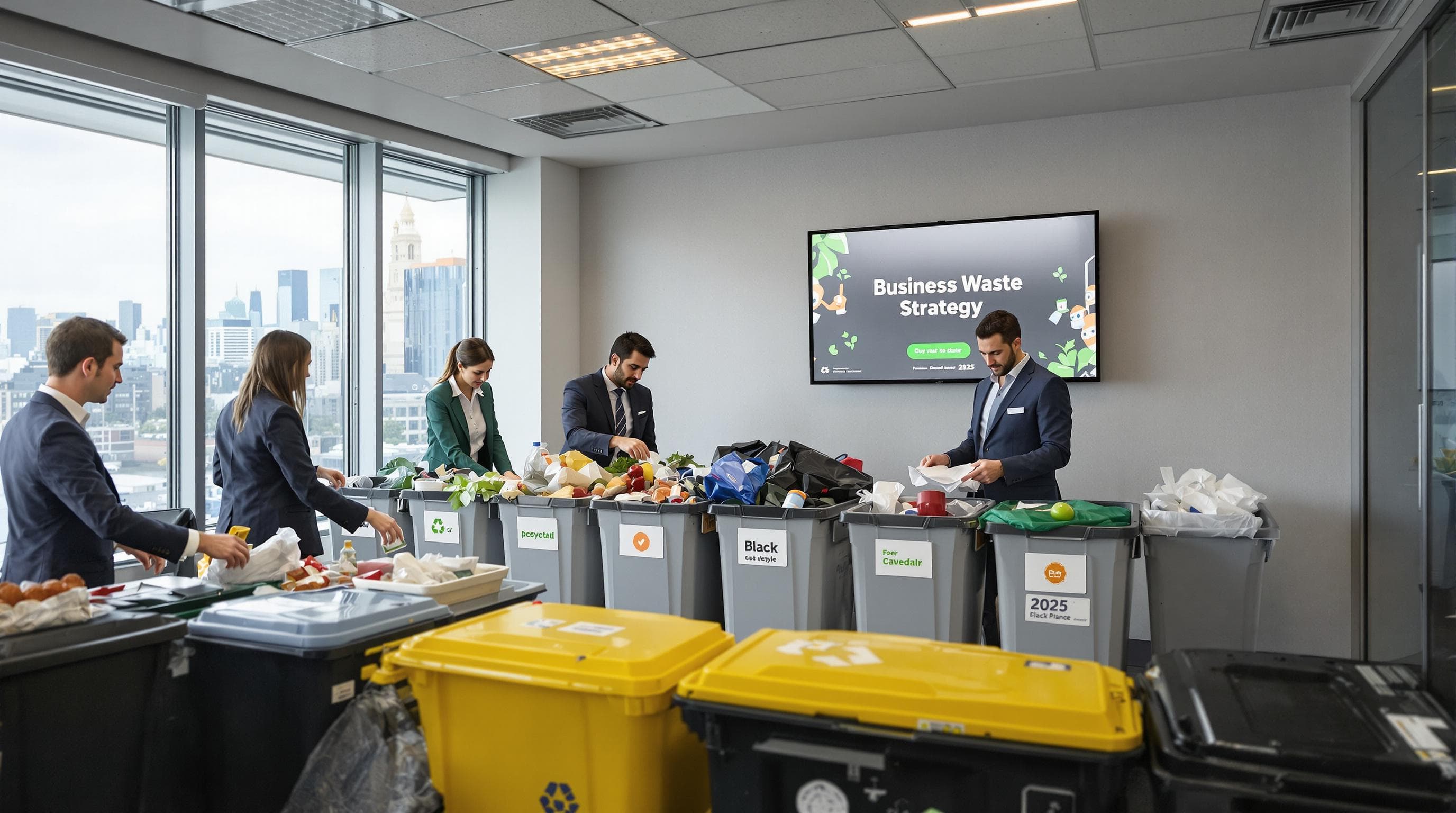 Office staff sorting business waste into recycling bins as screen shows sustainability strategy