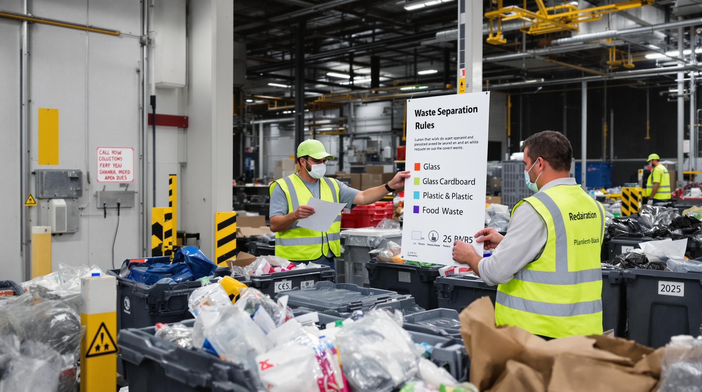 Business workers in hi-vis vests sorting recyclables with compliance signage visible
