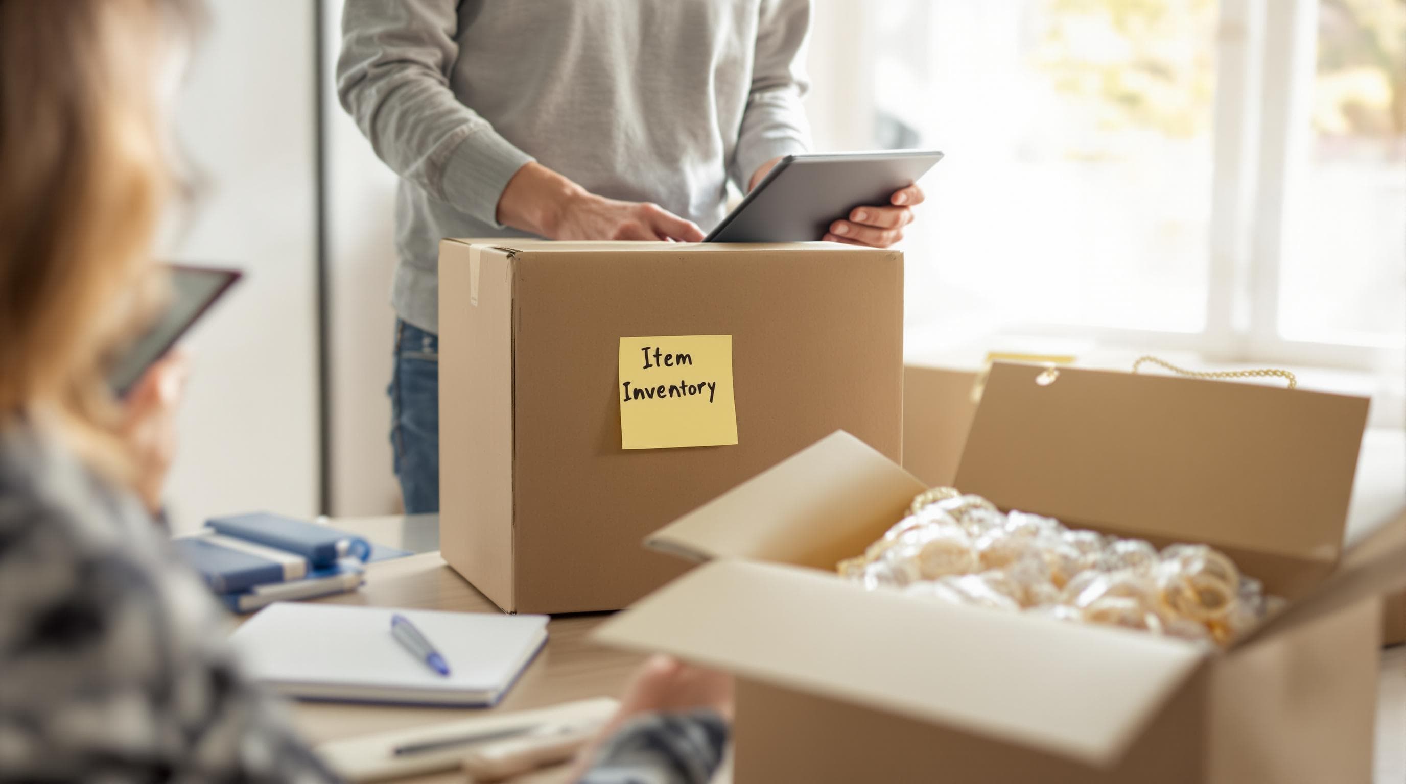 Person creating inventory of valuables during moving preparations