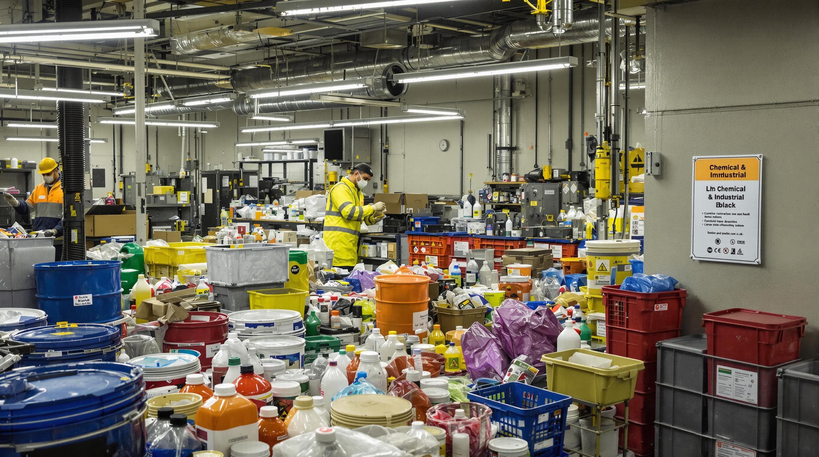 Workers sorting chemical waste in industrial facility with safety signage