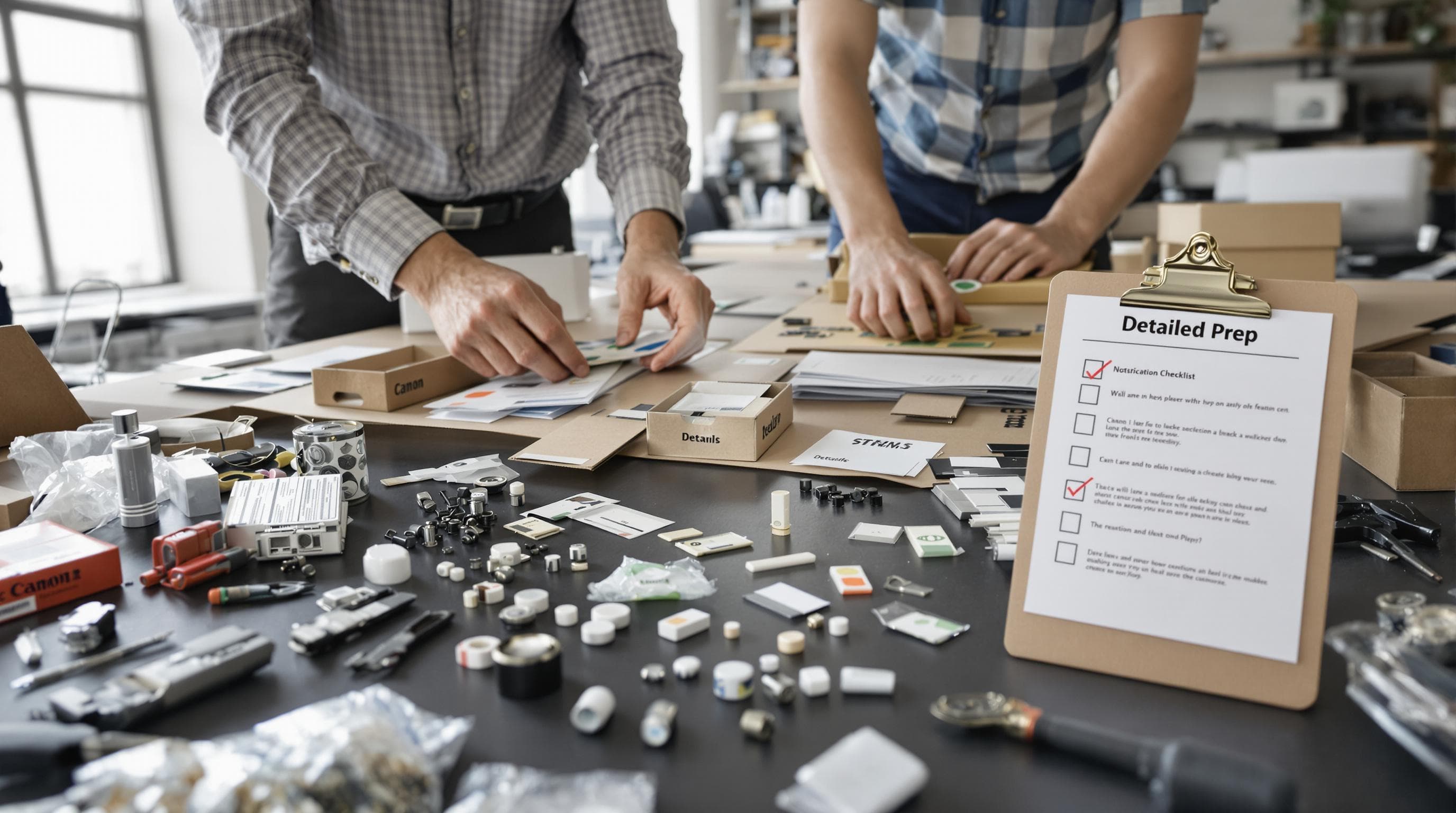 Two professionals safely dismantling office desk, with 'Detailed Prep' on clipboard checklist.