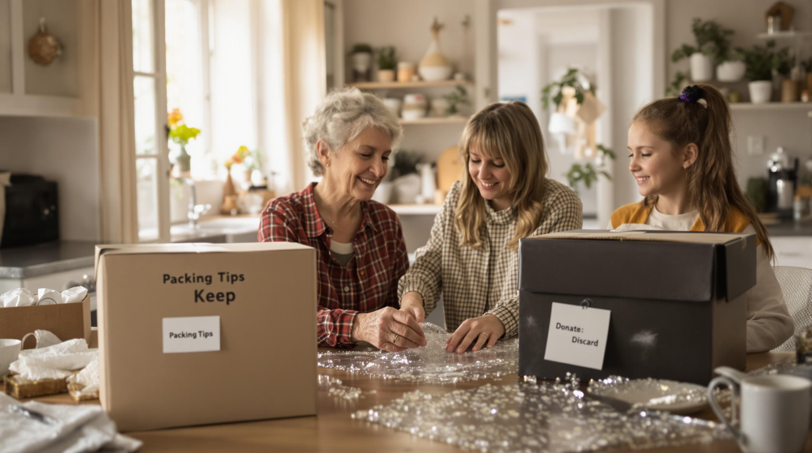 Senior and granddaughter packing china with labeled moving boxes
