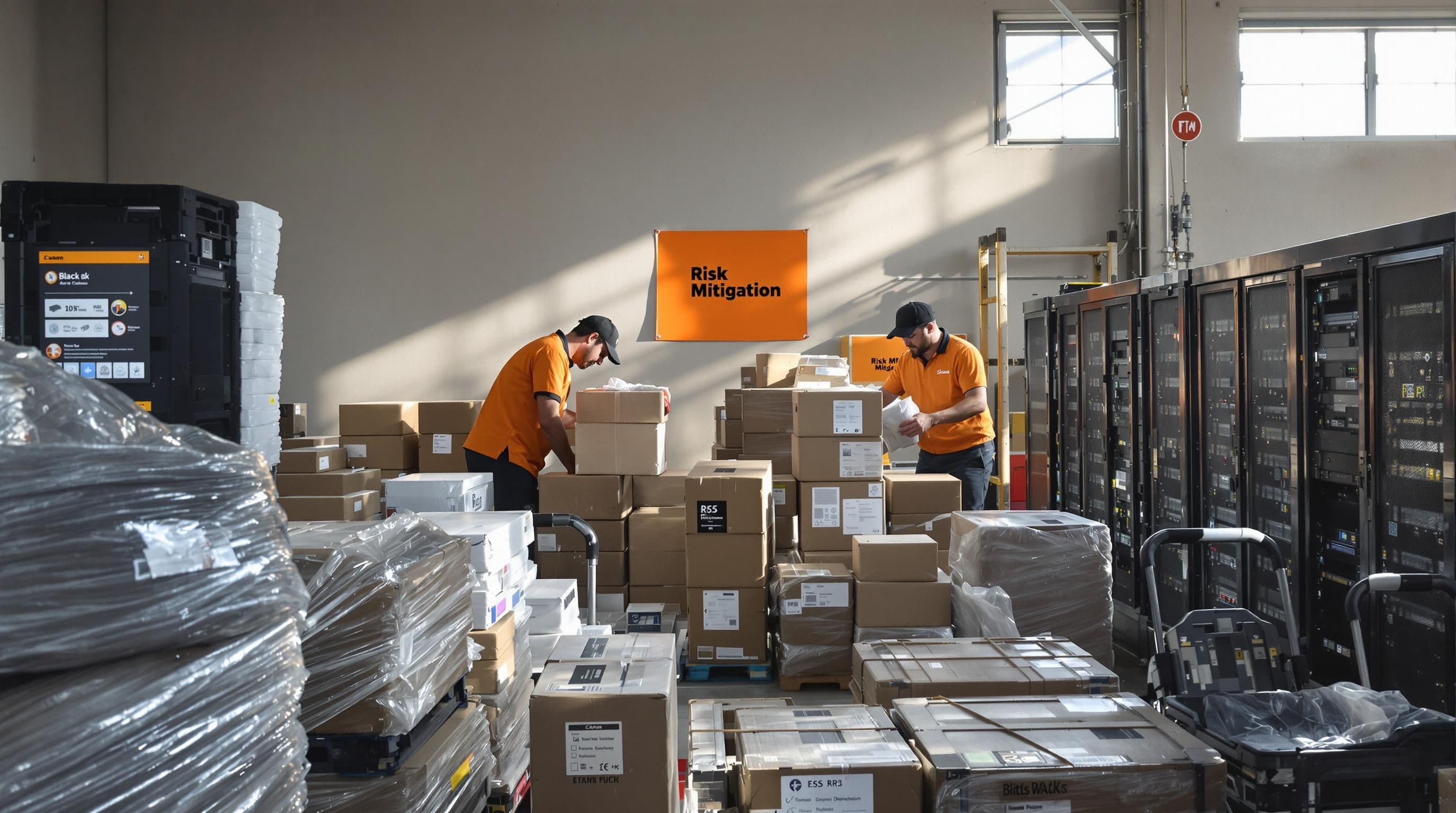 Movers packing sensitive business equipment using protective materials