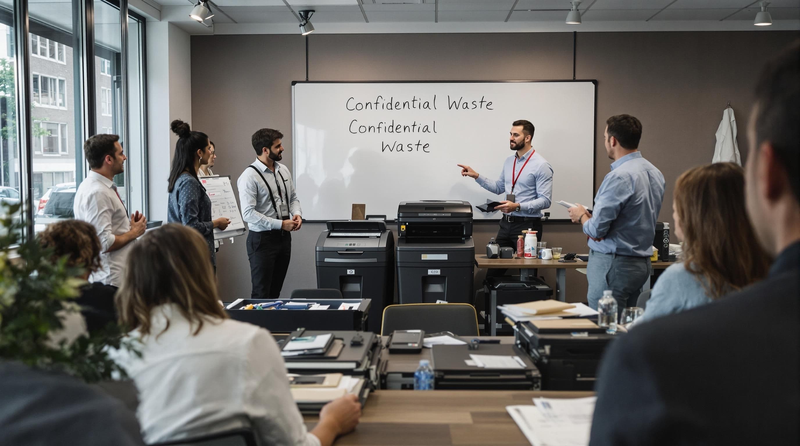 Employees in a training session on confidential waste management