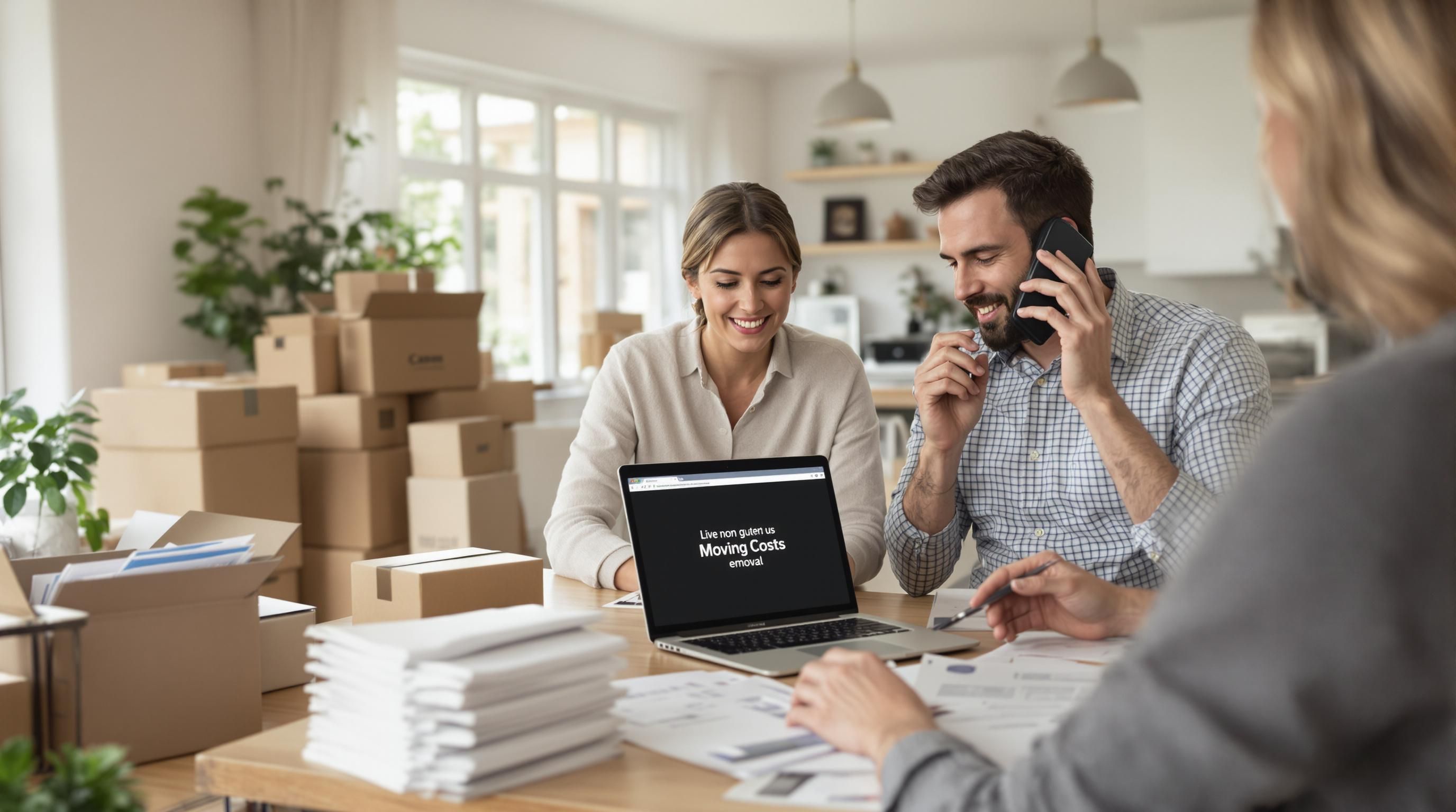 Couple reviewing moving quotes and calling movers in living room, moving costs visible on laptop screen.