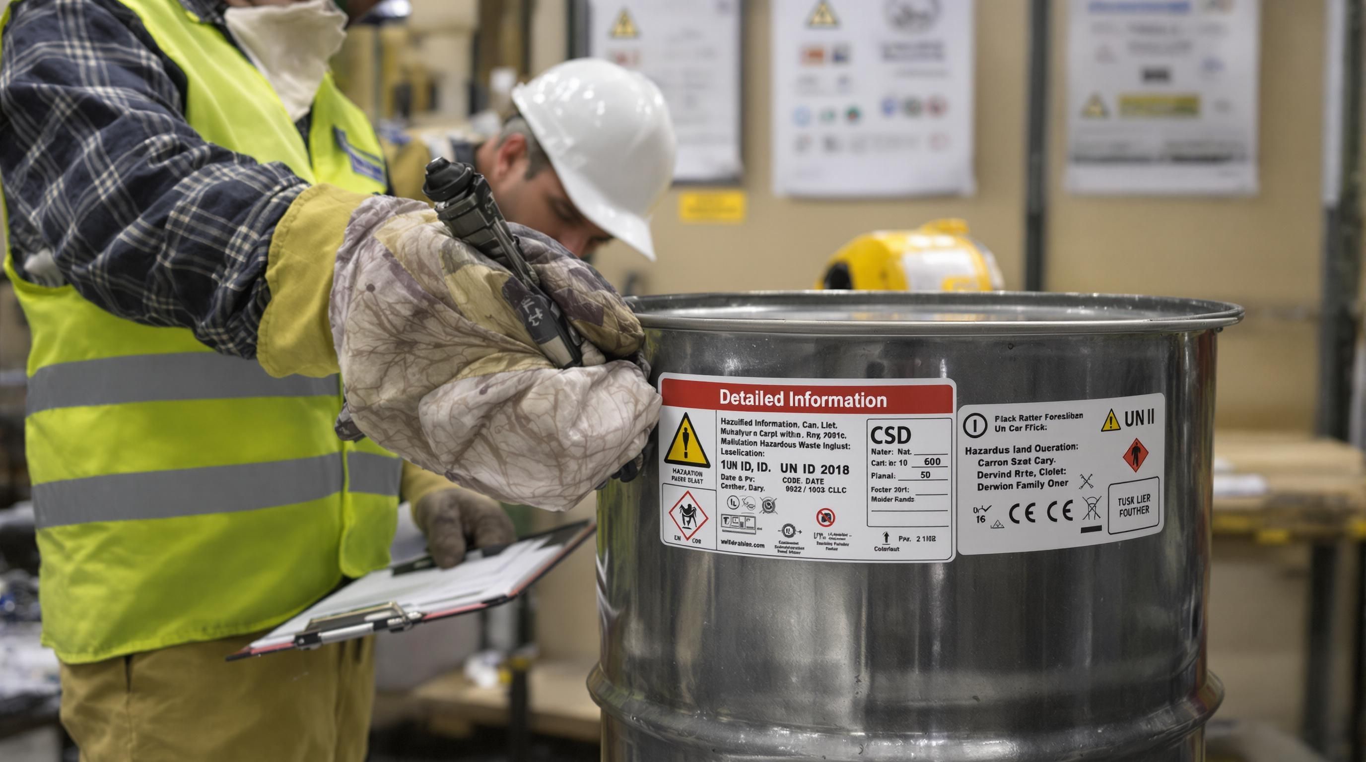 Worker attaching detailed hazardous waste label to drum