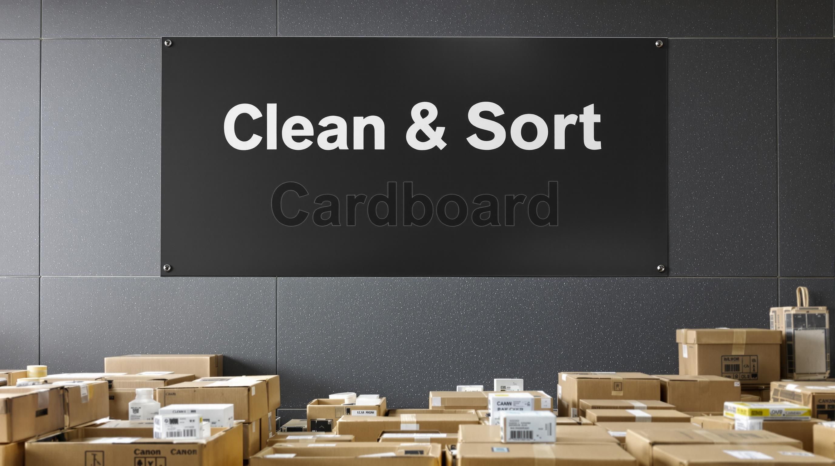 Workers cleaning and sorting cardboard boxes near instructional signage