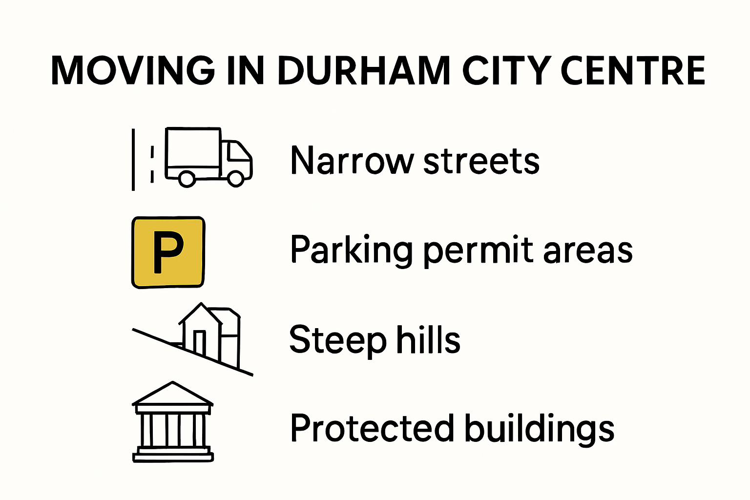 Infographic showing Durham’s moving day logistical challenges: narrow streets, permits, historic areas, steep hills.