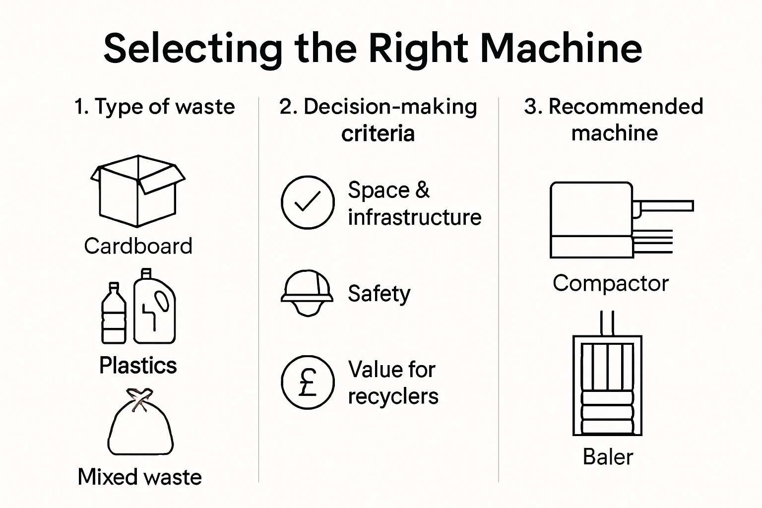 Infographic comparing compactors and balers by waste type, space, value, safety