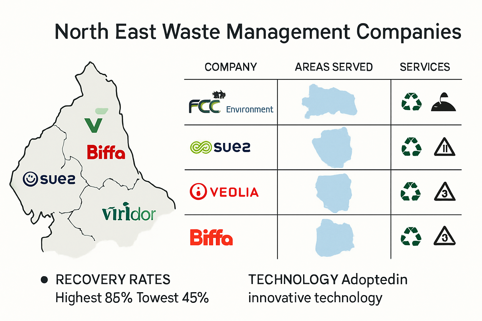 Infographic showing top North East waste management companies and facilities