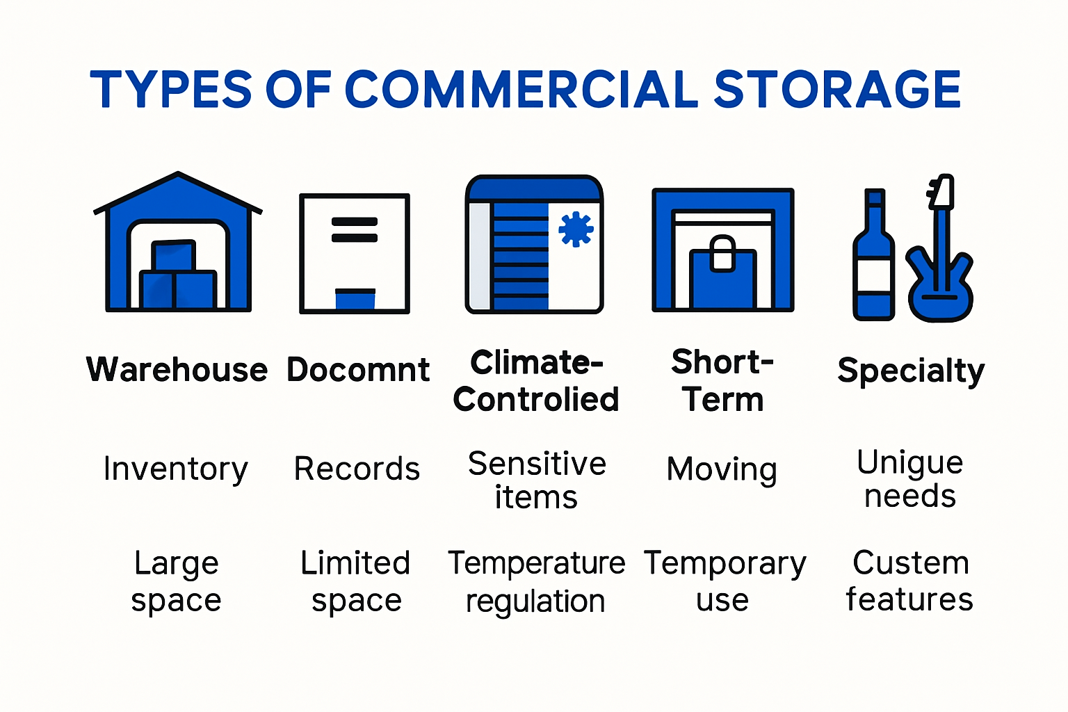 Infographic showing types of commercial storage and key features