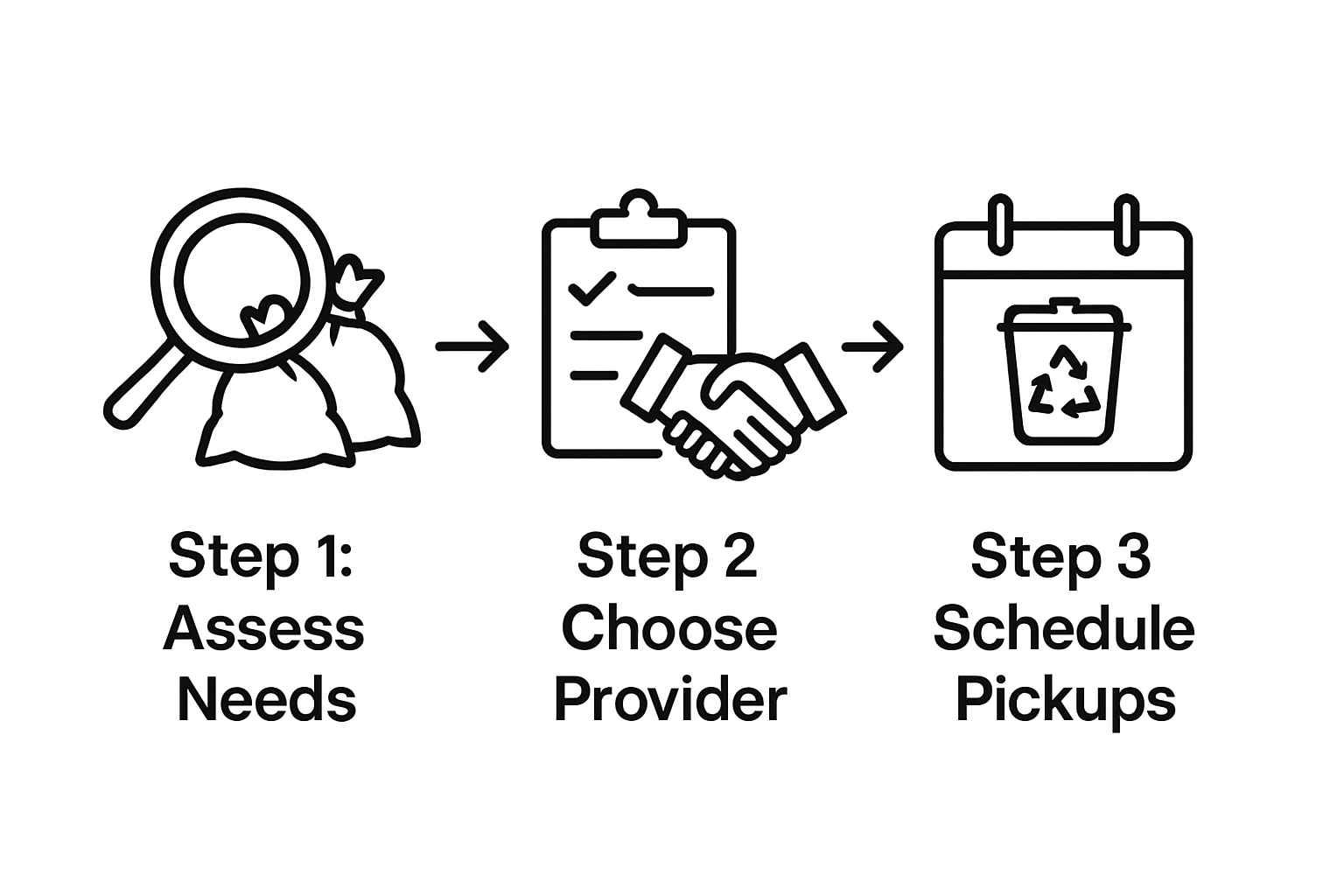 3-step waste collection scheduling workflow: assess needs, choose provider, schedule pickups