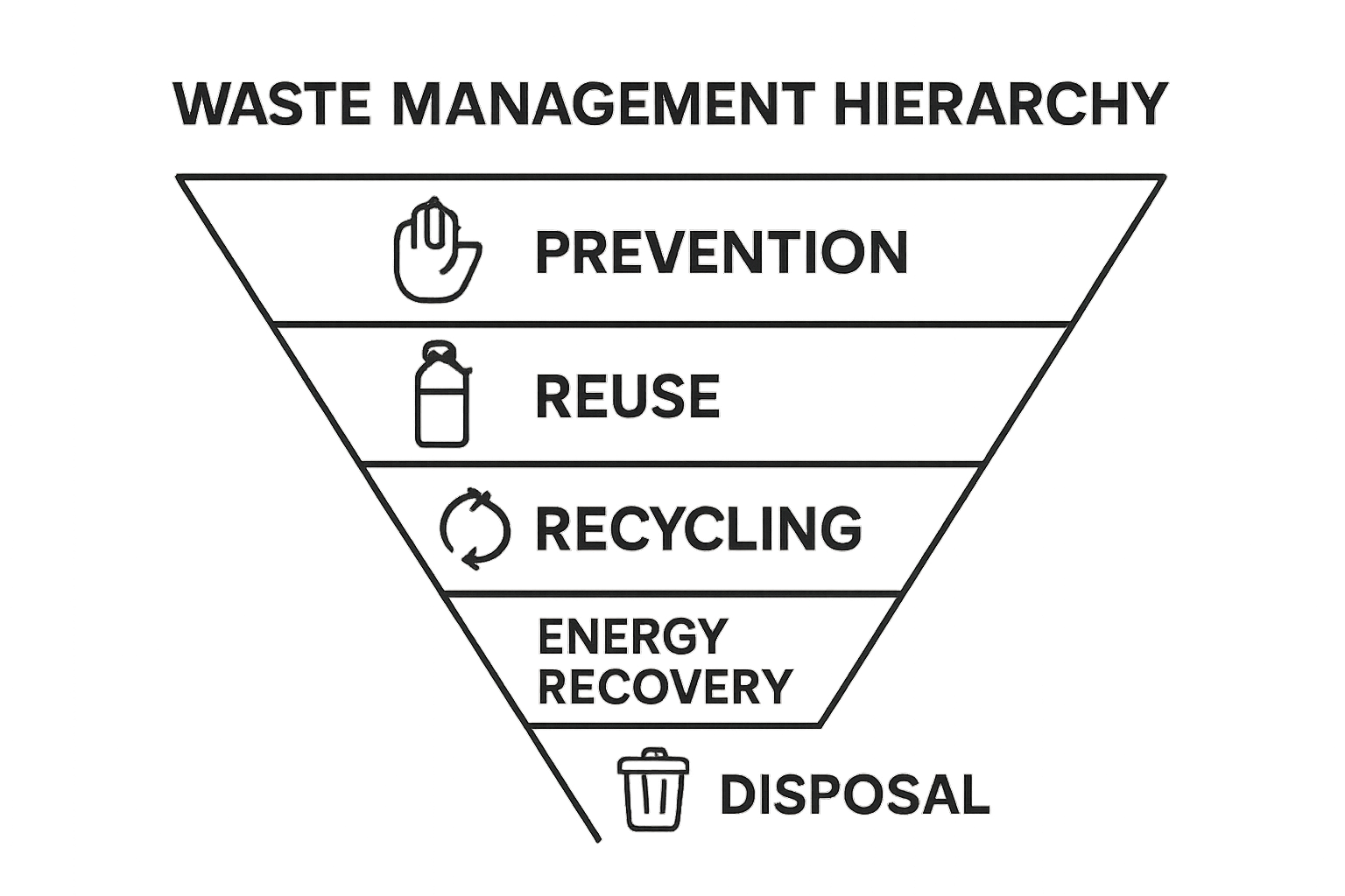 Layered hierarchy showing prevention, reuse, recycling, energy recovery, disposal with icons