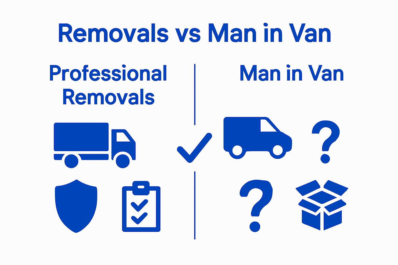 Side-by-side infographic comparing professional removals and man in van services