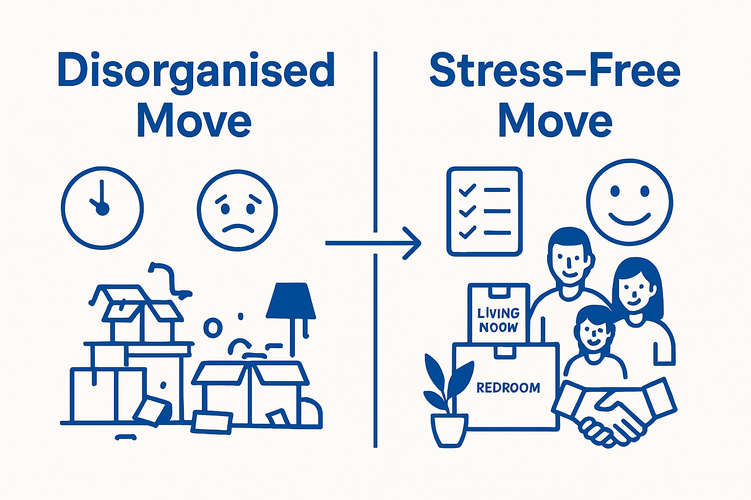 Infographic comparing disorganized vs. stress-free house moves.