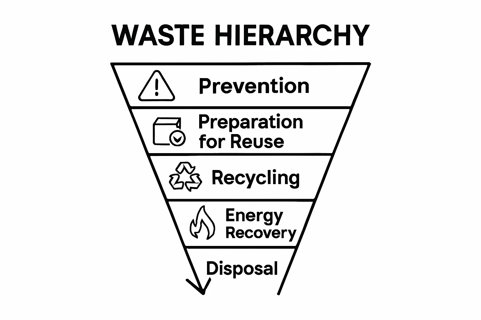 Five-step waste hierarchy pyramid infographic