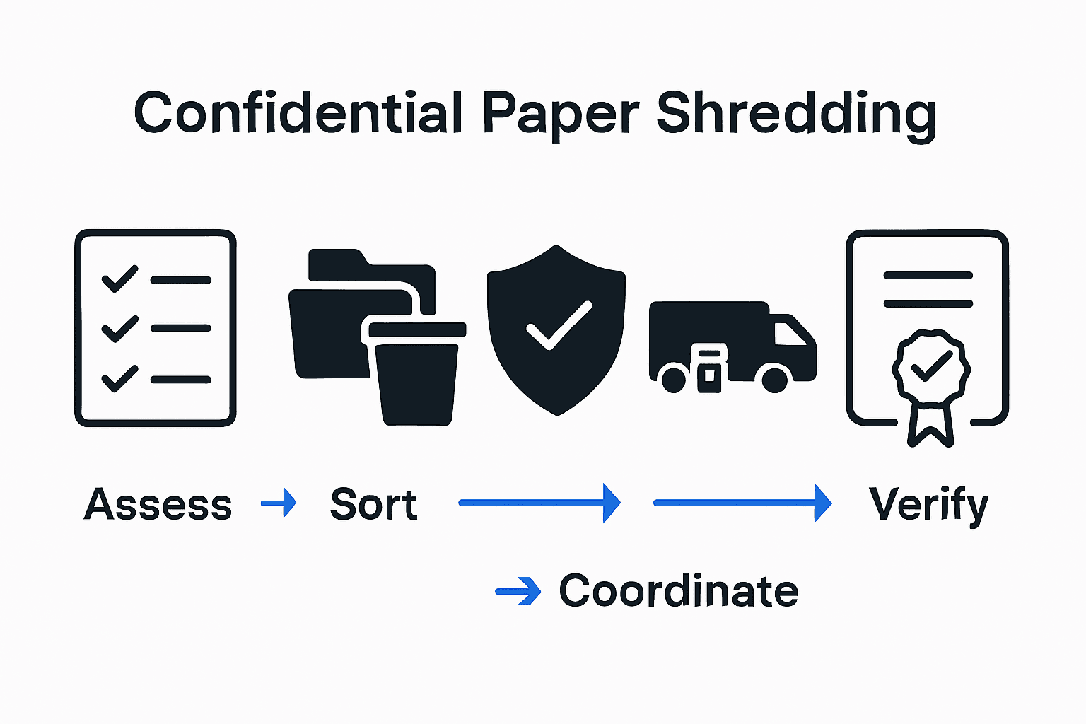 Five-step infographic showing assess, sort, select, coordinate, verify shredding