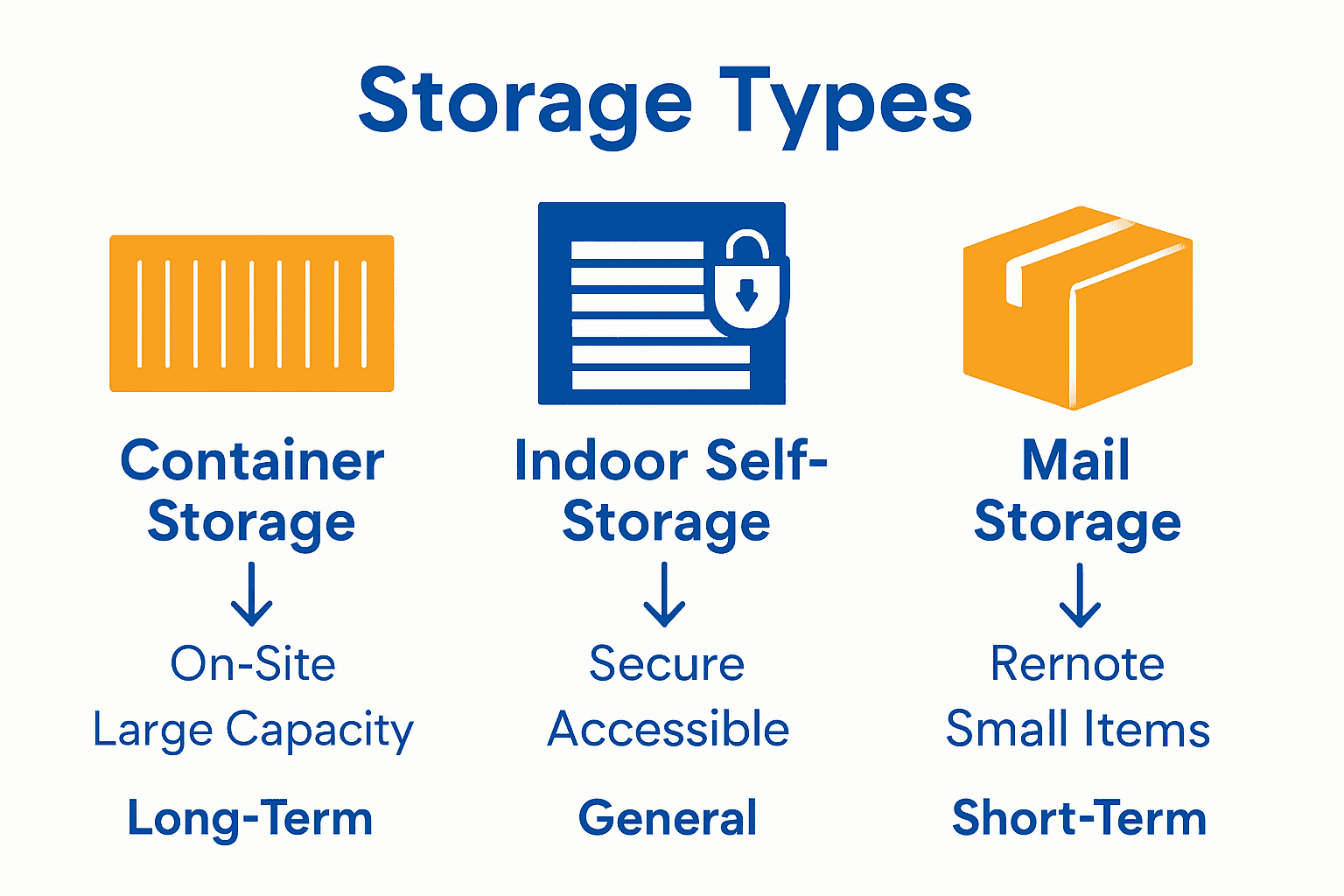 Three column infographic comparing container, indoor self-storage, and mail storage.