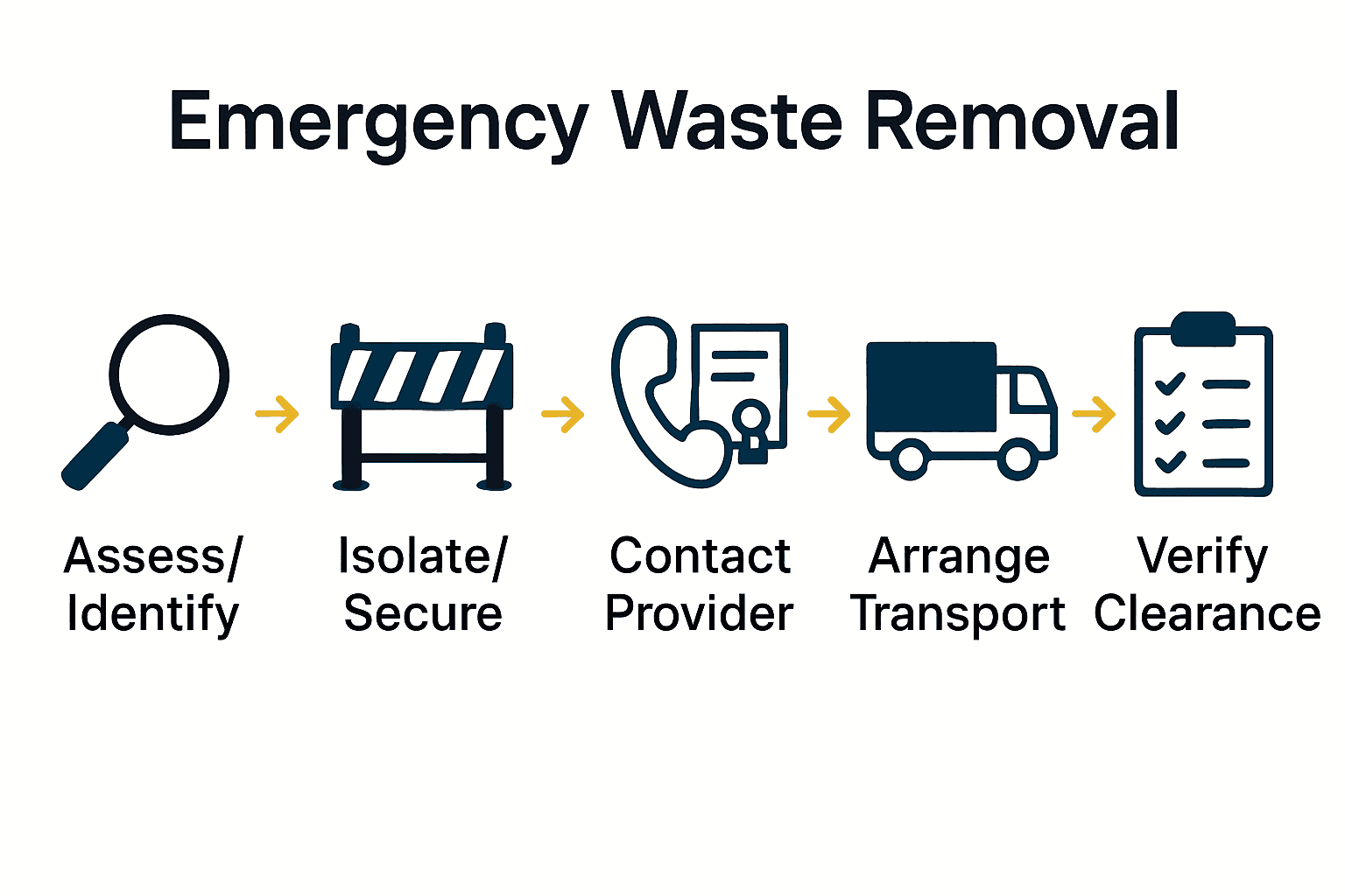 Infographic showing five steps in emergency waste removal process with icons and arrows.