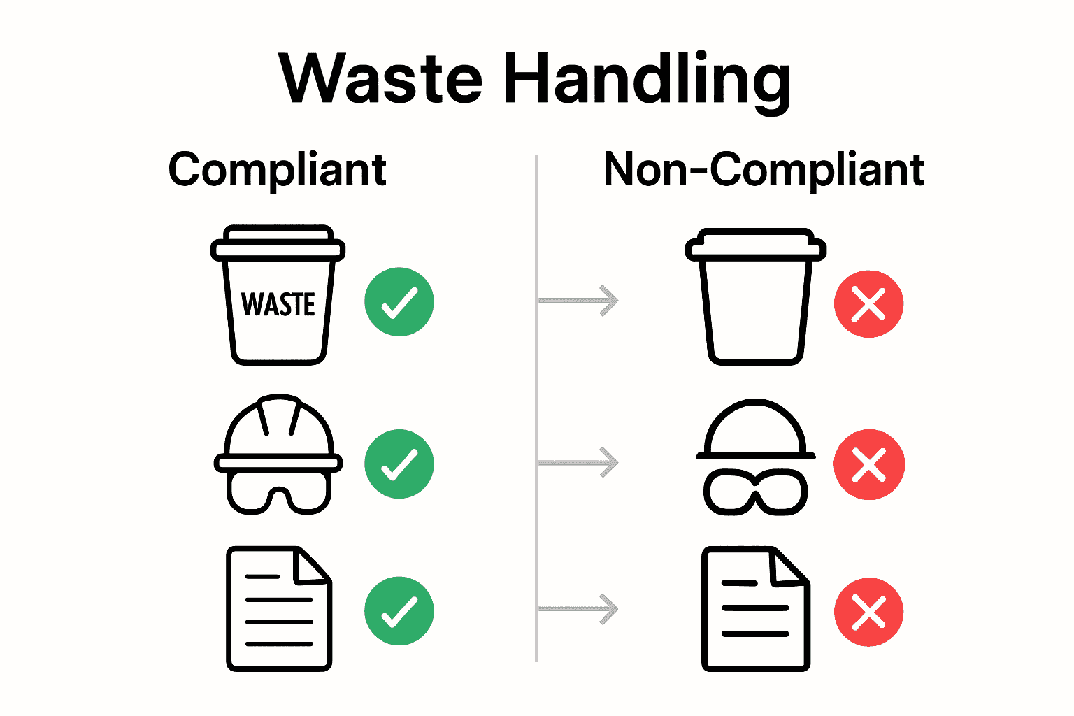 Infographic comparing compliant and non-compliant waste handling steps
