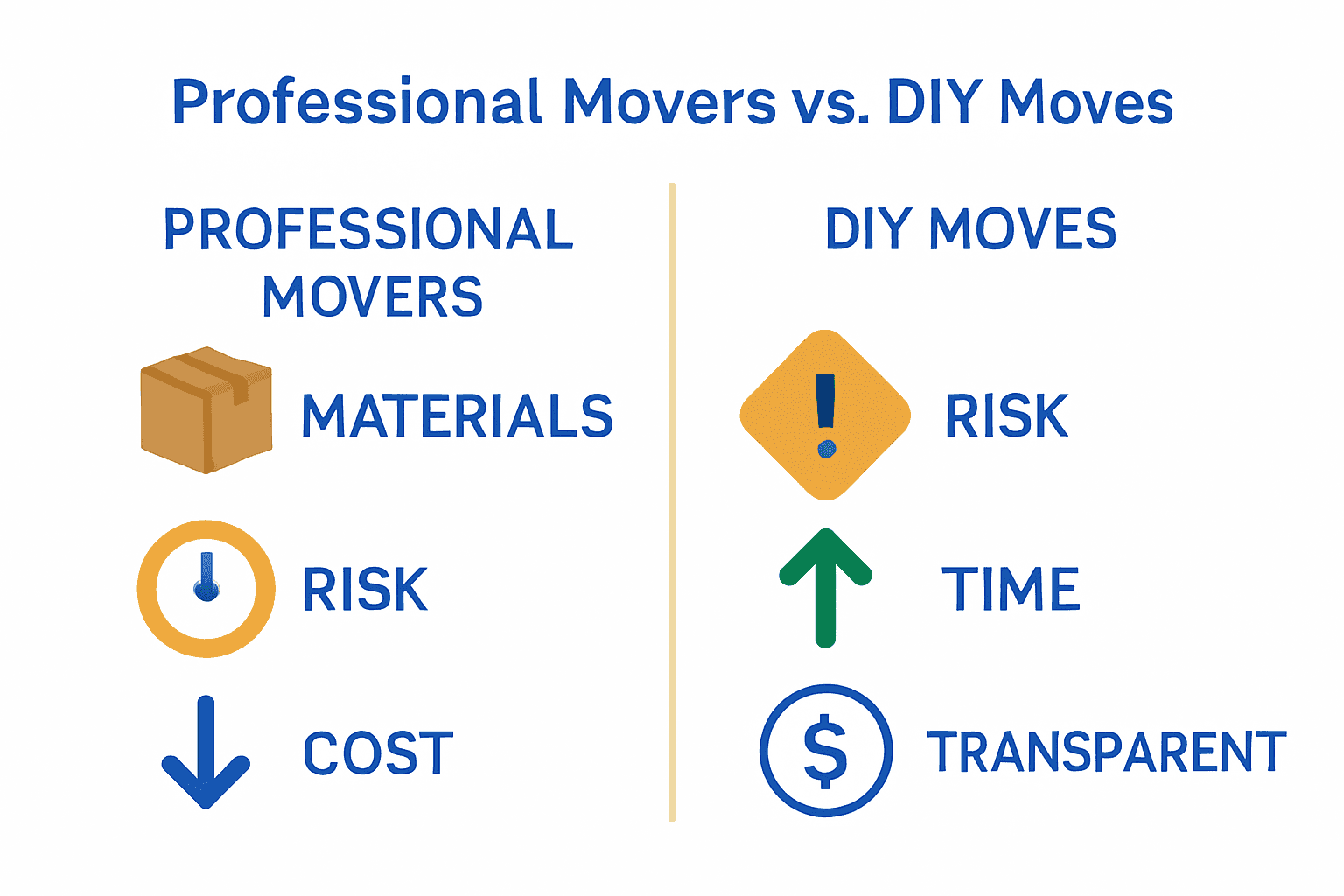 Comparison between professional movers and DIY moving, showing risks and benefits.