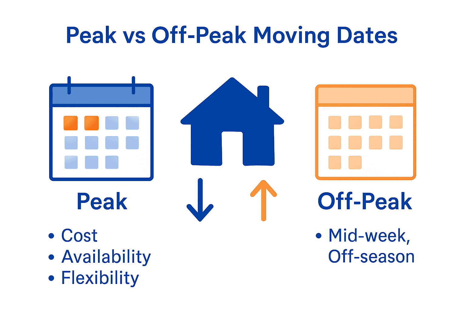 Infographic comparing UK peak vs off-peak moving dates with calendars and icons.