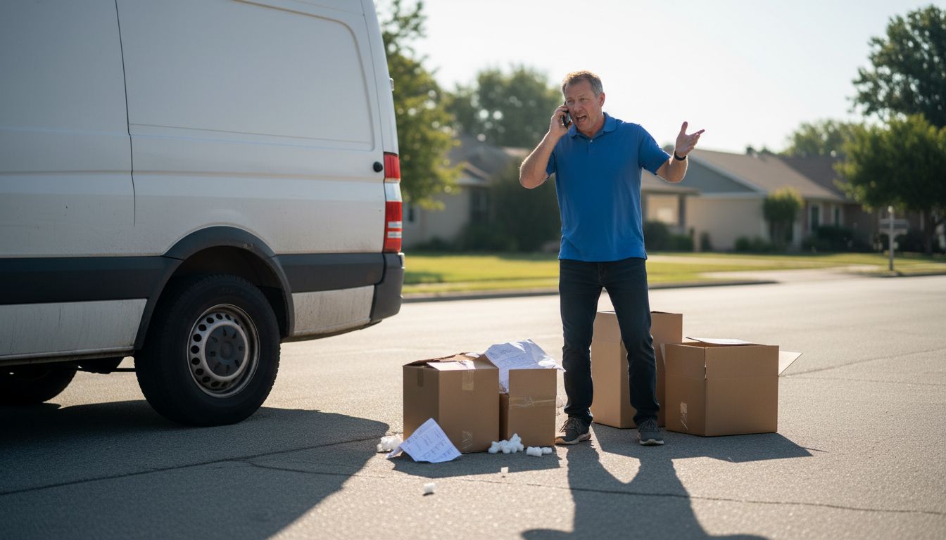 Unmarked van and disorganized mover scene