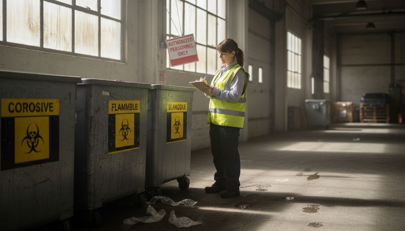 Coordinator tracking labeled hazardous waste bins