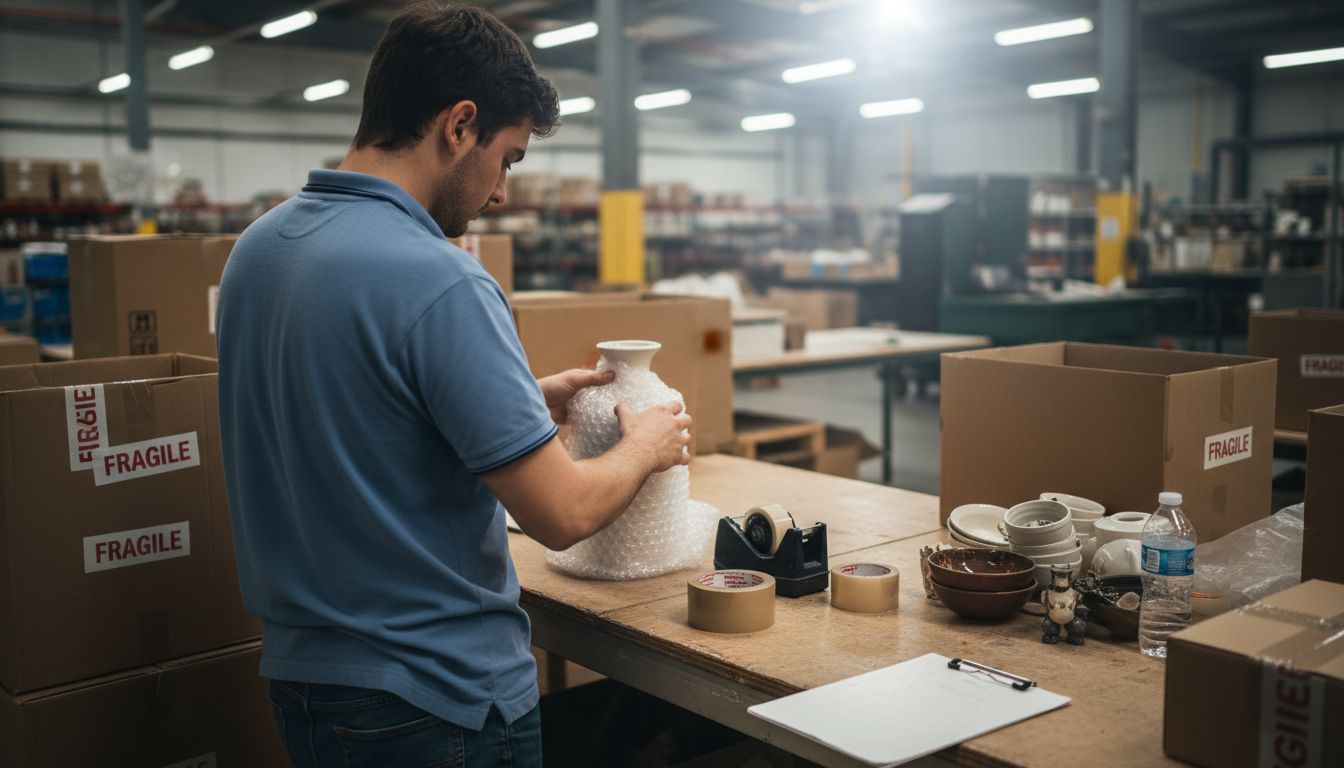 Packing fragile items in shipping warehouse