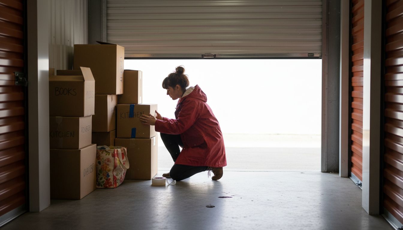 Woman organizing boxes in storage unit