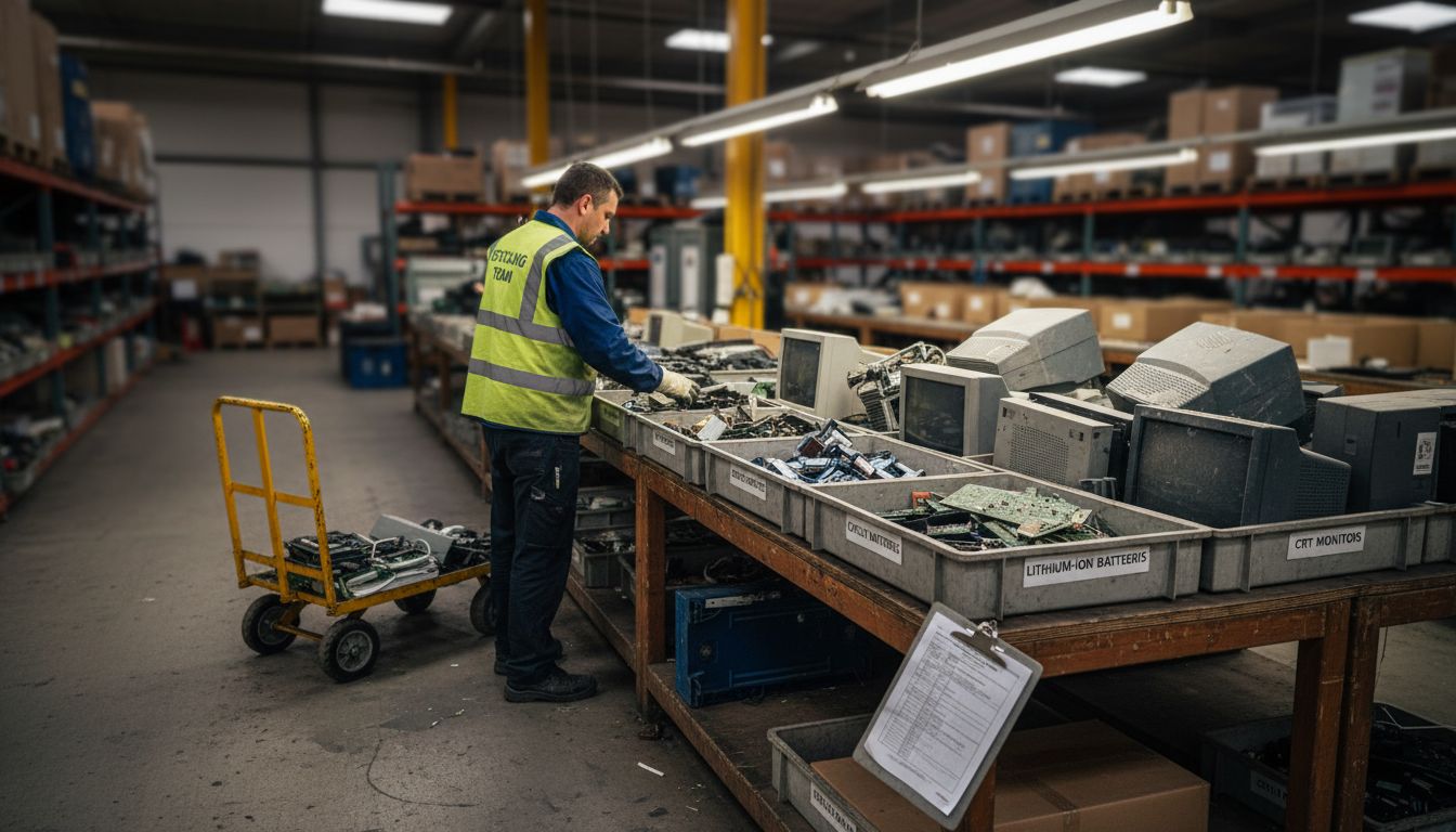 Staff member separates hazardous electronic waste