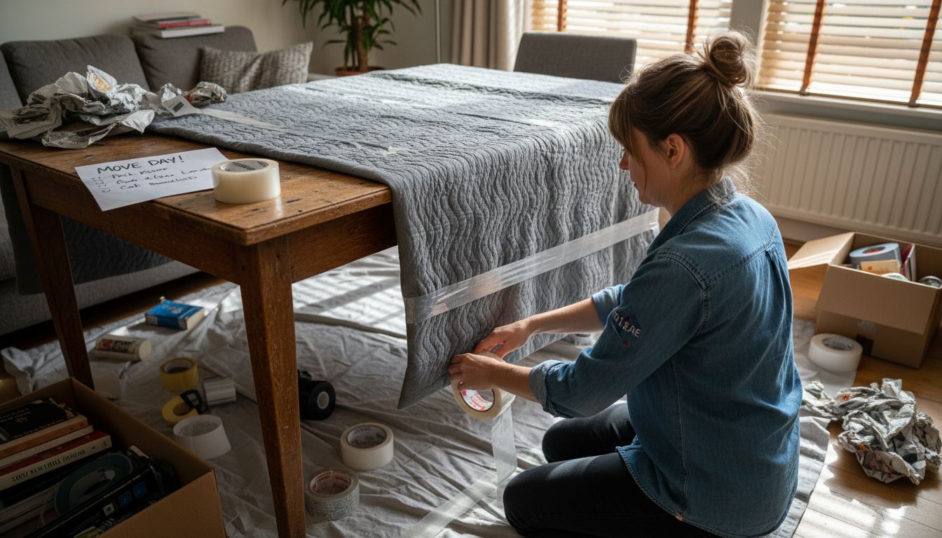 Woman packs oak table for international shipping