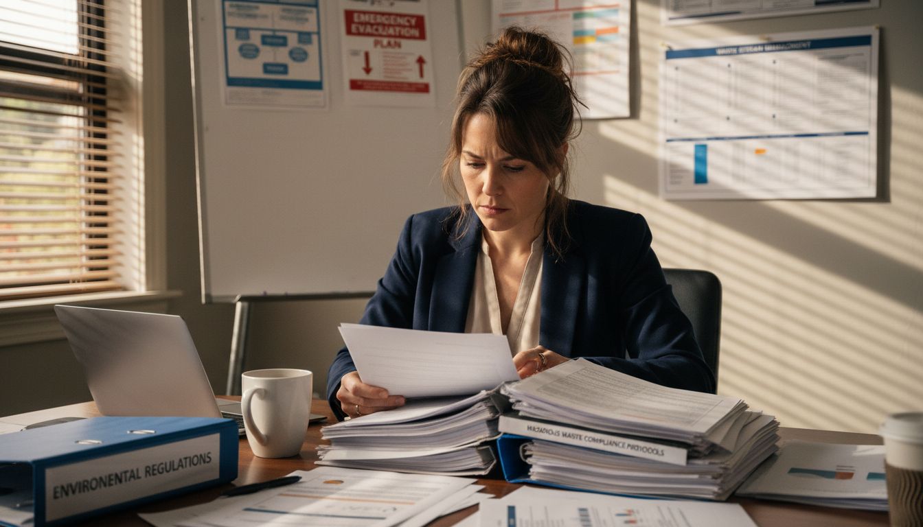 Manager reviewing hazardous waste compliance documents