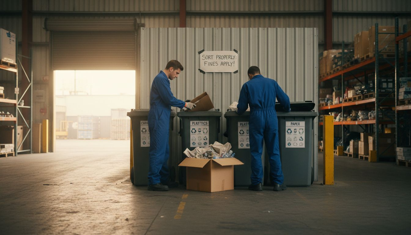 Employees sorting business waste in warehouse