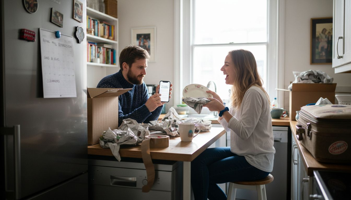 Couple packing kitchen for international move