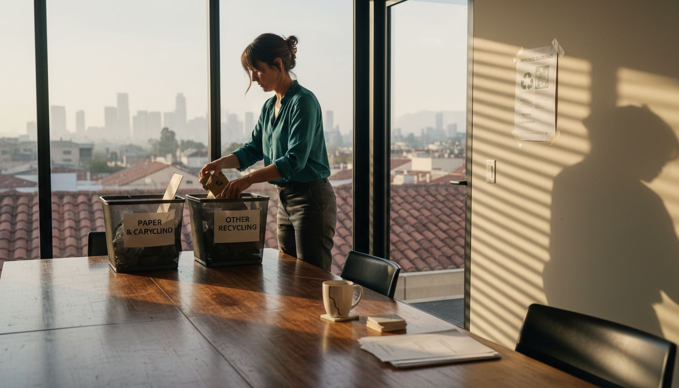 Office worker prepares recycling by meeting table