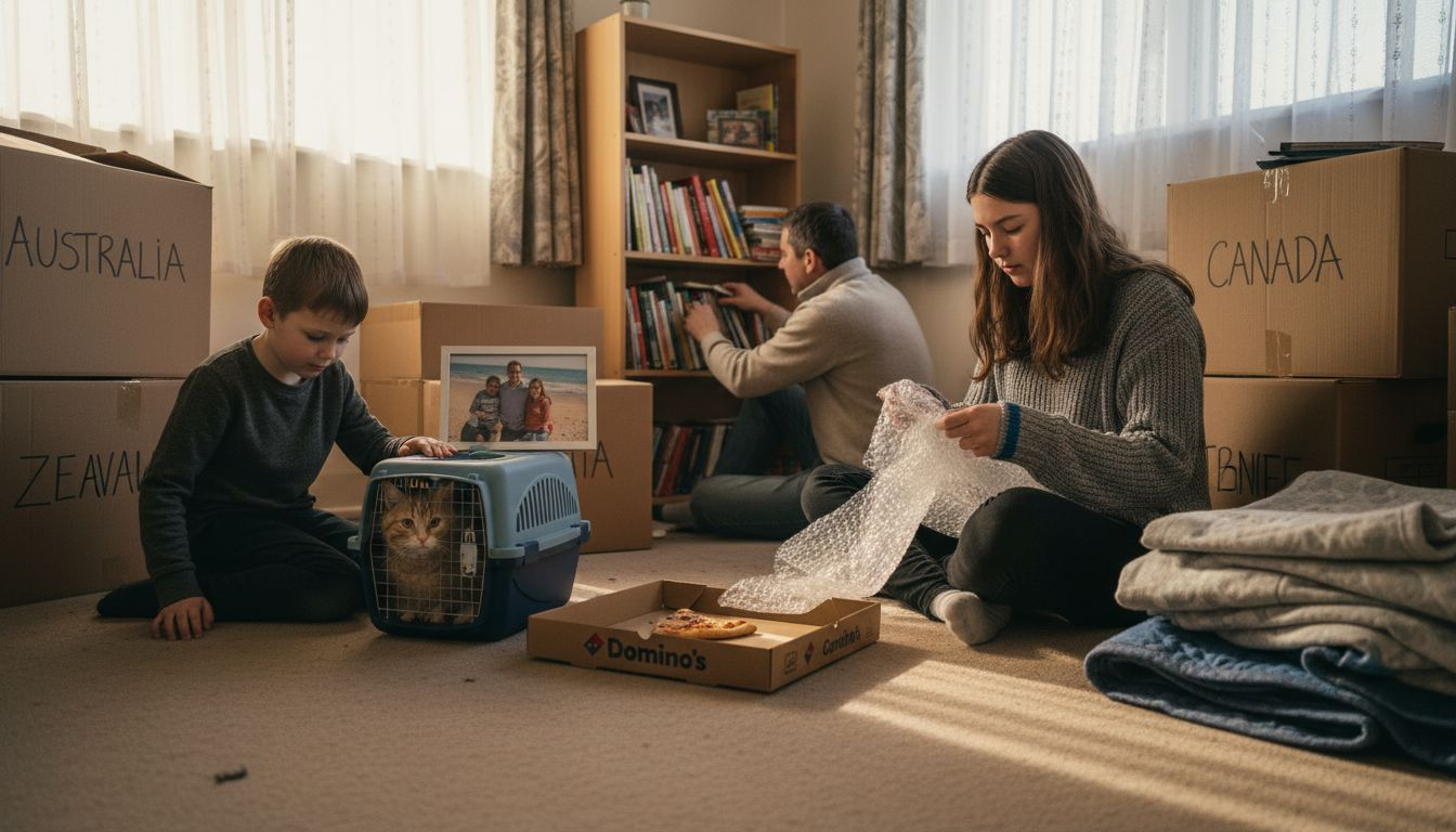 Family unpacking after international move